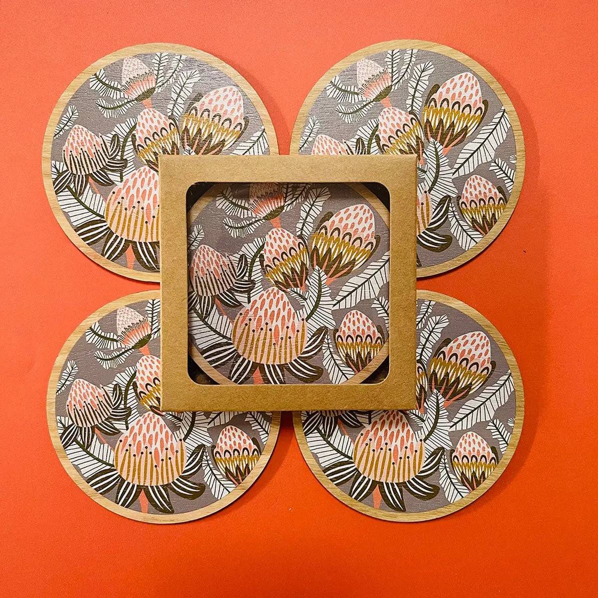 Bush Proteas Coaster and Napkin Set - 4-Piece Elegant Table Setting for Dining Room, Kitchen, or Outdoor Entertaining