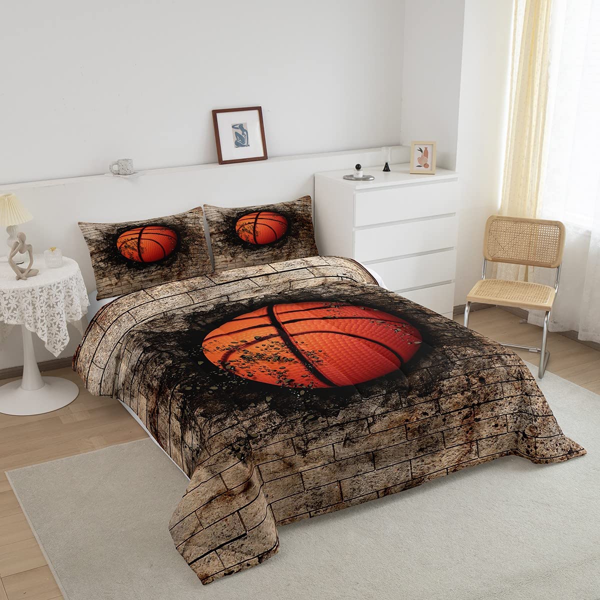 Castle Fairy Full Size Kids Basketball Comforter Set - Rustic Brown Brick Wall Design, Microfiber Quilt with 2 Pillowcases for Girls & Teens | Perfect Gift for Basketball Lovers & Competitive Sports Games | Ideal for Bedrooms, Dorm Rooms & Sleepovers