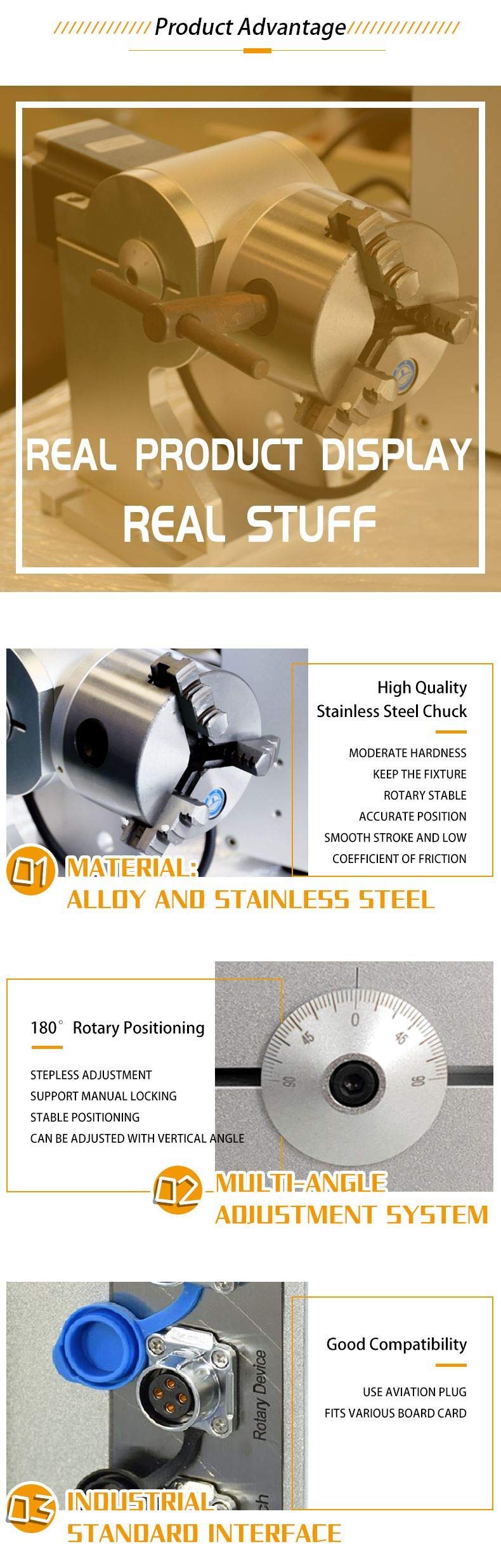 160mm (6.30in) Rotary Chuck Three-Jaw with Rotating Head - Compatible with Fiber Laser Marking, Engraving Machines & Angle Grinders - Perfect for Metal Engraving, Wood Carving & Industrial Applications