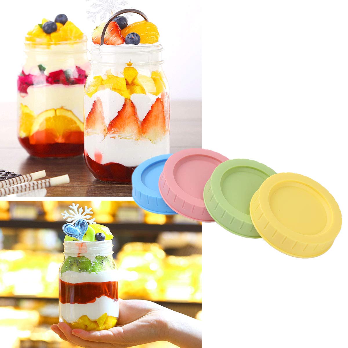 CHICTRY 4Pcs Cute Decorative Mason Jar Lids - 70mm Plastic Leakproof Canning & Drinking Jar Caps with Silicone Sealing O Rings - Perfect for DIY Crafts, Home Decor, and Party Drink Containers