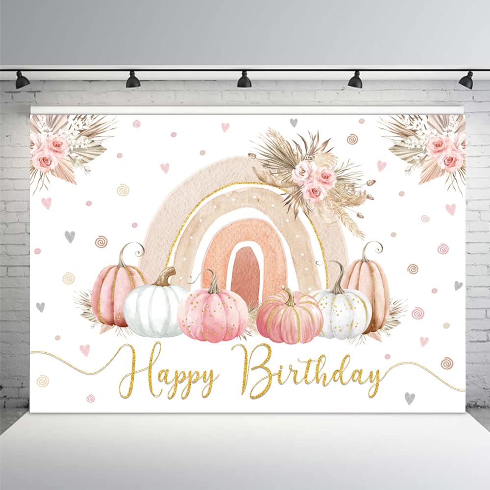 MEHOFOND Autumn Boho Pumpkin Backdrop - Happy Birthday Party Banner, Thanksgiving Decor, Bohemian Rainbow Blush Pink Floral Photography Background for 1st Birthday Cake Smash, Baby Shower & Fall Table Decor (7x5ft) - Perfect for Seasonal Photo Shoots, Themed Parties & Home Decor