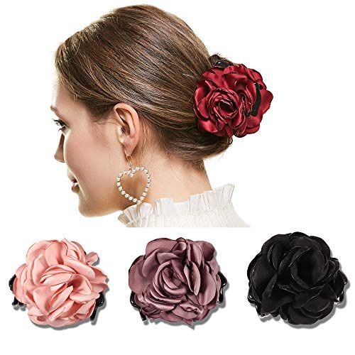 Floral Hair Claw Clips for Women - 4 Pack Double Grip Non-Slip Strong Hold Hair Clamps with Ribbon Rose Design (3.9 Inch) - Perfect for Updos, Ponytails & Everyday Hairstyles