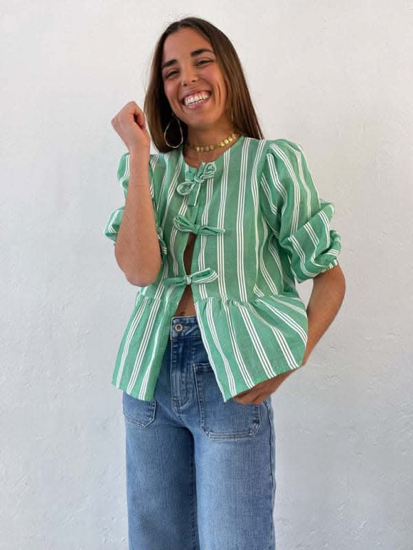Stylish Striped Lace Mid-Sleeve Blouse for Women - Elegant Casual & Office Wear - Perfect for Spring & Summer Outfits