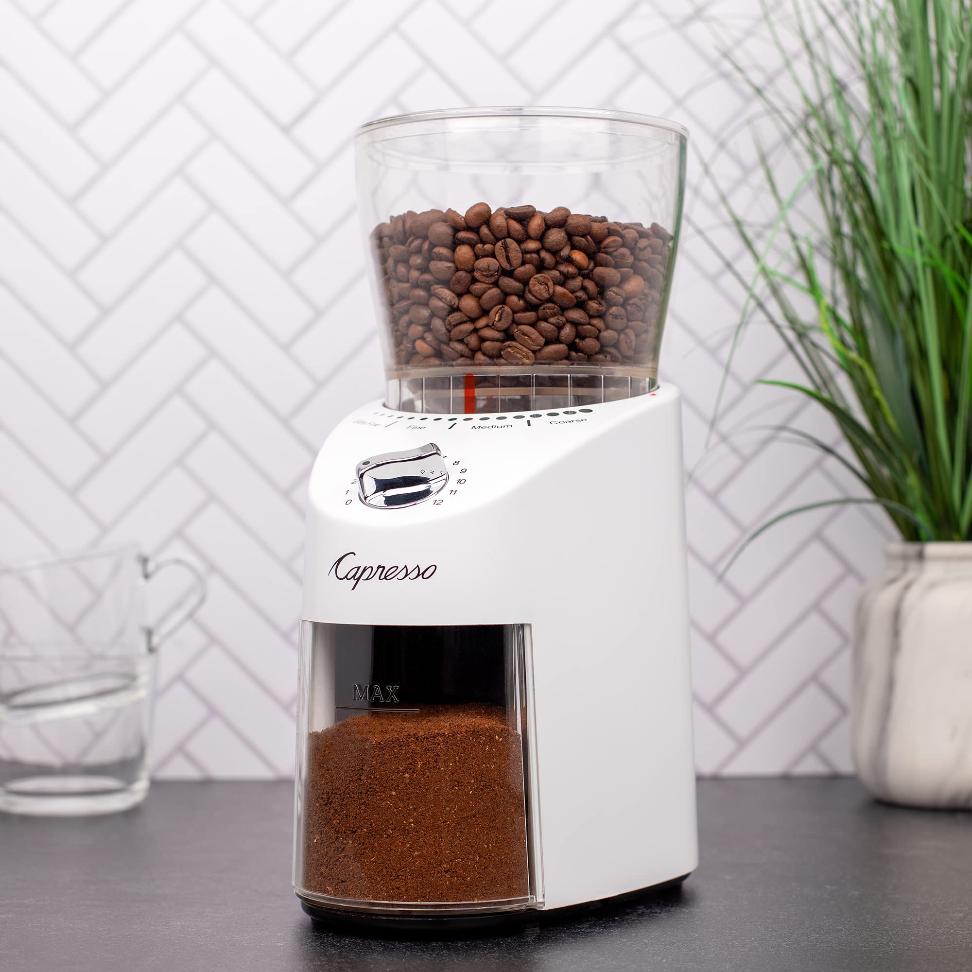 Capresso Infinity Plus Conical Burr Coffee Grinder - Premium Stainless Steel Burrs, Adjustable Grind Settings, White - Perfect for Espresso, French Press & Pour Over Coffee Brewing