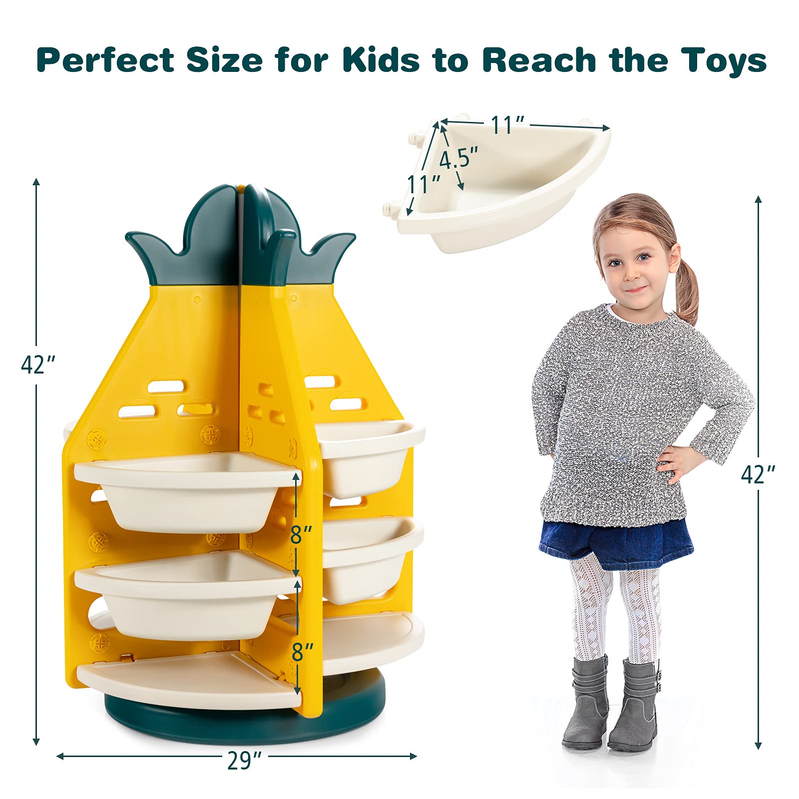Costzon 3-Tier 360° Rotating Kids Toy Storage Organizer with 8 Bins & 4 Shelves - Pineapple Shaped Bookcase for Boys & Girls, Easy Assembly Toddler Book Rack Furniture for Playroom & Kids Bedroom - Perfect for Organizing Toys, Books & Learning Supplies in Daycare or Home Nursery