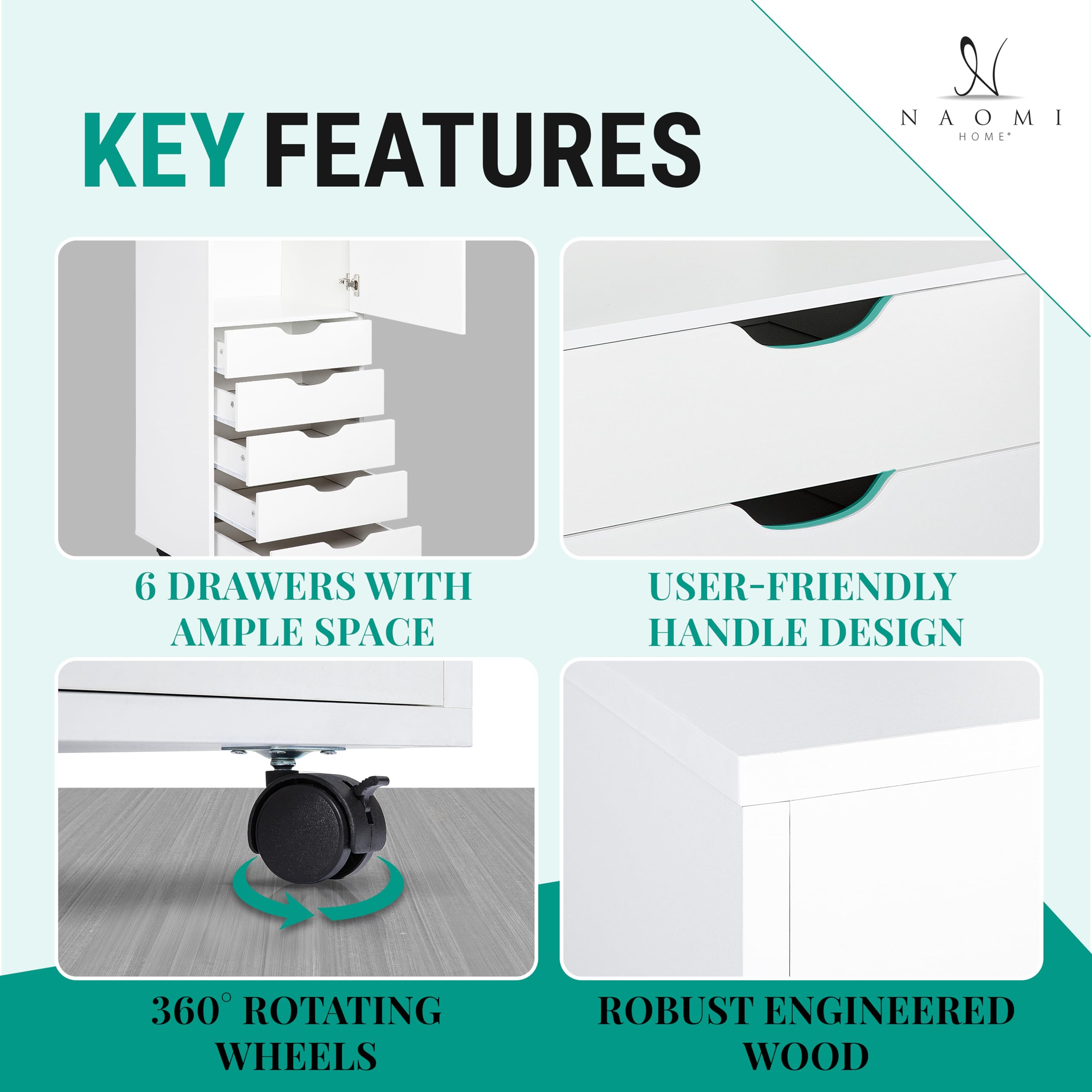 Naomi Home 6-Drawer Office Storage File Cabinet with Wheels - White | Under Desk Storage for Home Office, 180 lbs Capacity | Perfect for Printer Stand & Document Organization