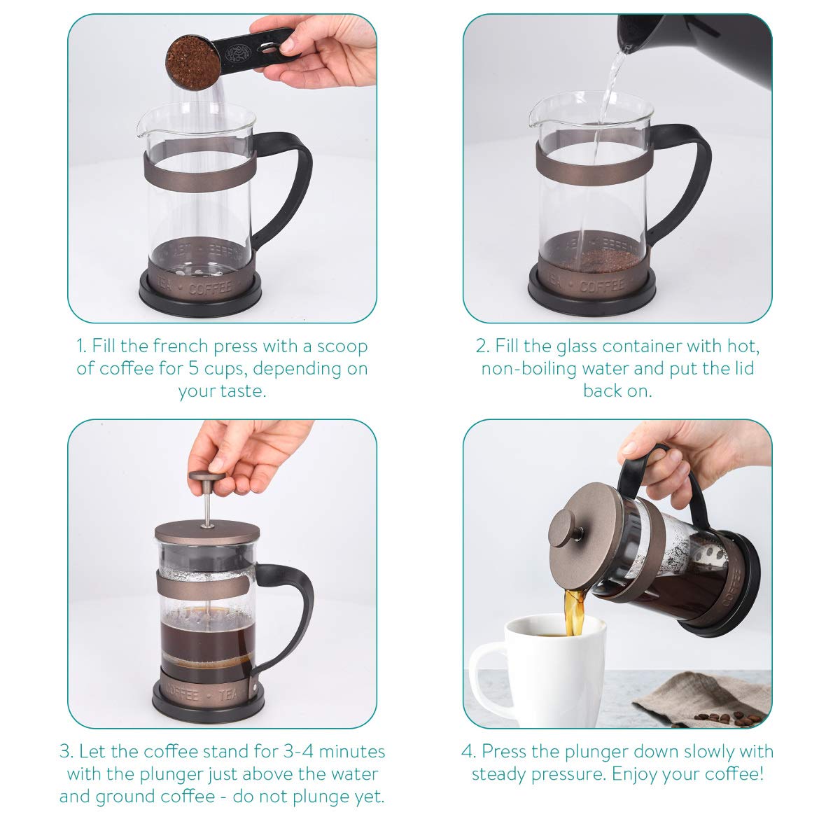 Navaris Retro French Press Coffee Maker 20 oz - Stainless Steel Coffee & Tea Press with Plunger, Filter & Durable Borosilicate Glass - Perfect for Home, Office & Camping Brewing