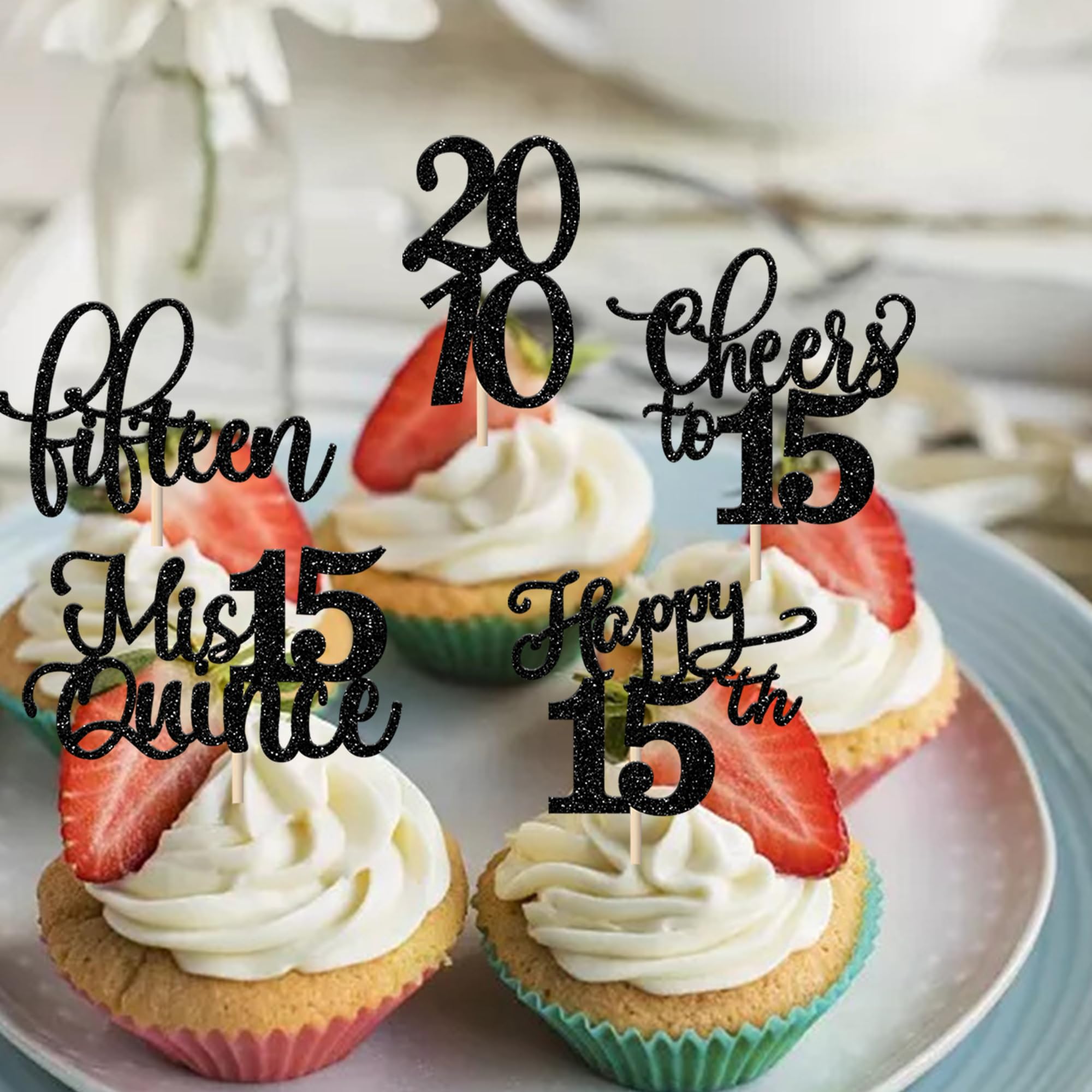 Rsstarxi 30 Pack Glitter 15th Birthday Cupcake Toppers - Happy 15th Cupcake Picks, Cheers to 15 Years, Mis Quince Decorations for 15th Birthday Party, Anniversary, Sweet 16 Celebration - Perfect for Quinceañera, Milestone Birthdays & Cake Decorating