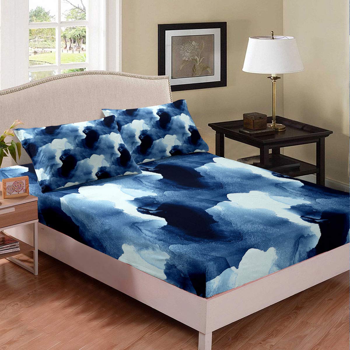 Boho Tie Dye Queen Bedding Set - 3 Piece Abstract Ink Painting Design (Fitted Sheet + 2 Pillowcases) in Blue & White | Erosebridal Bedroom Decor for Bohemian & Modern Home Styling