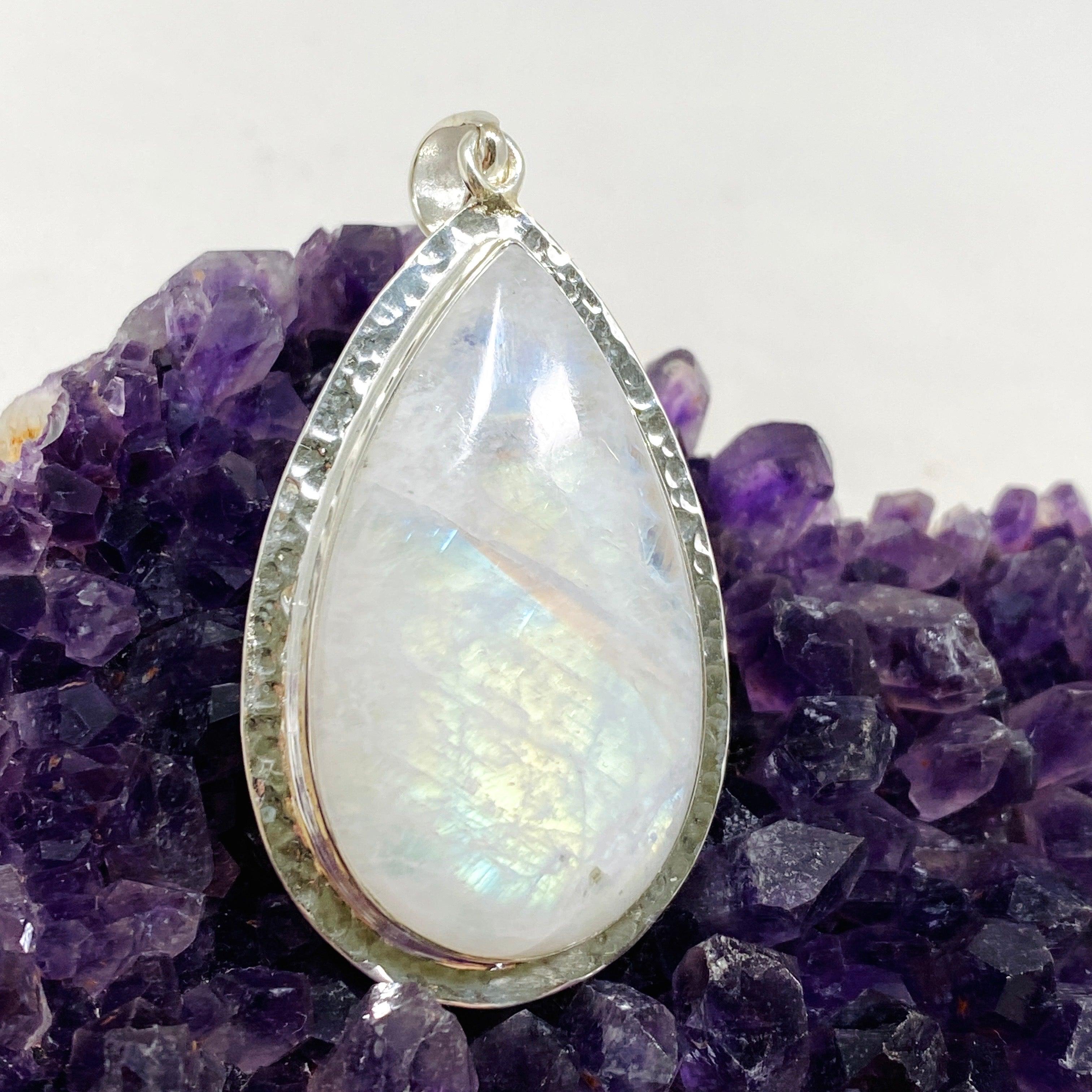 Moonstone Teardrop Pendant Necklace with Hammered Silver Detailing - Elegant Boho Jewelry for Women, Perfect for Weddings & Special Occasions | KPGJ4251