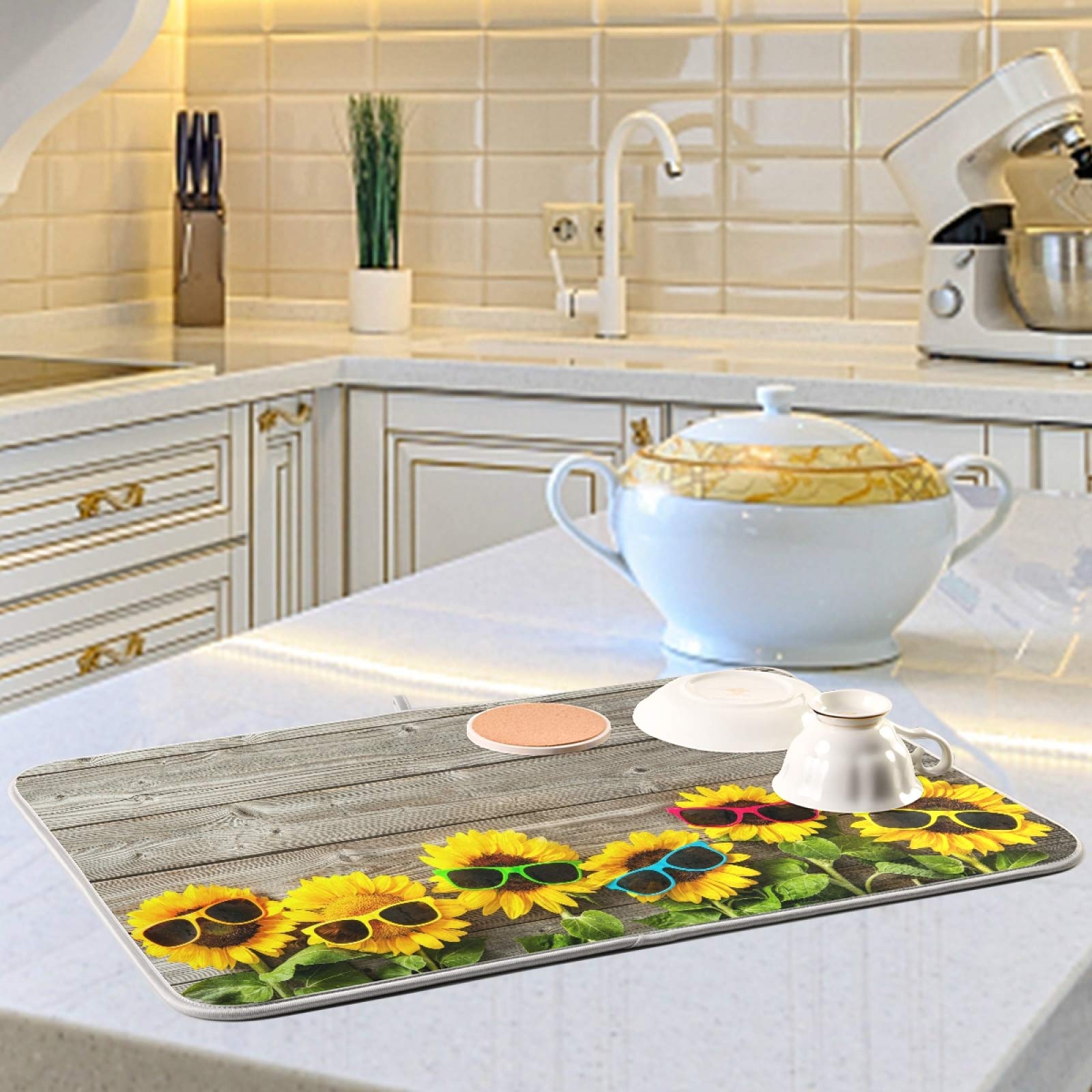 Sunflower Dish Drying Mat - 16x18 Inch Absorbent Microfiber for Kitchen Counter & Home Decor