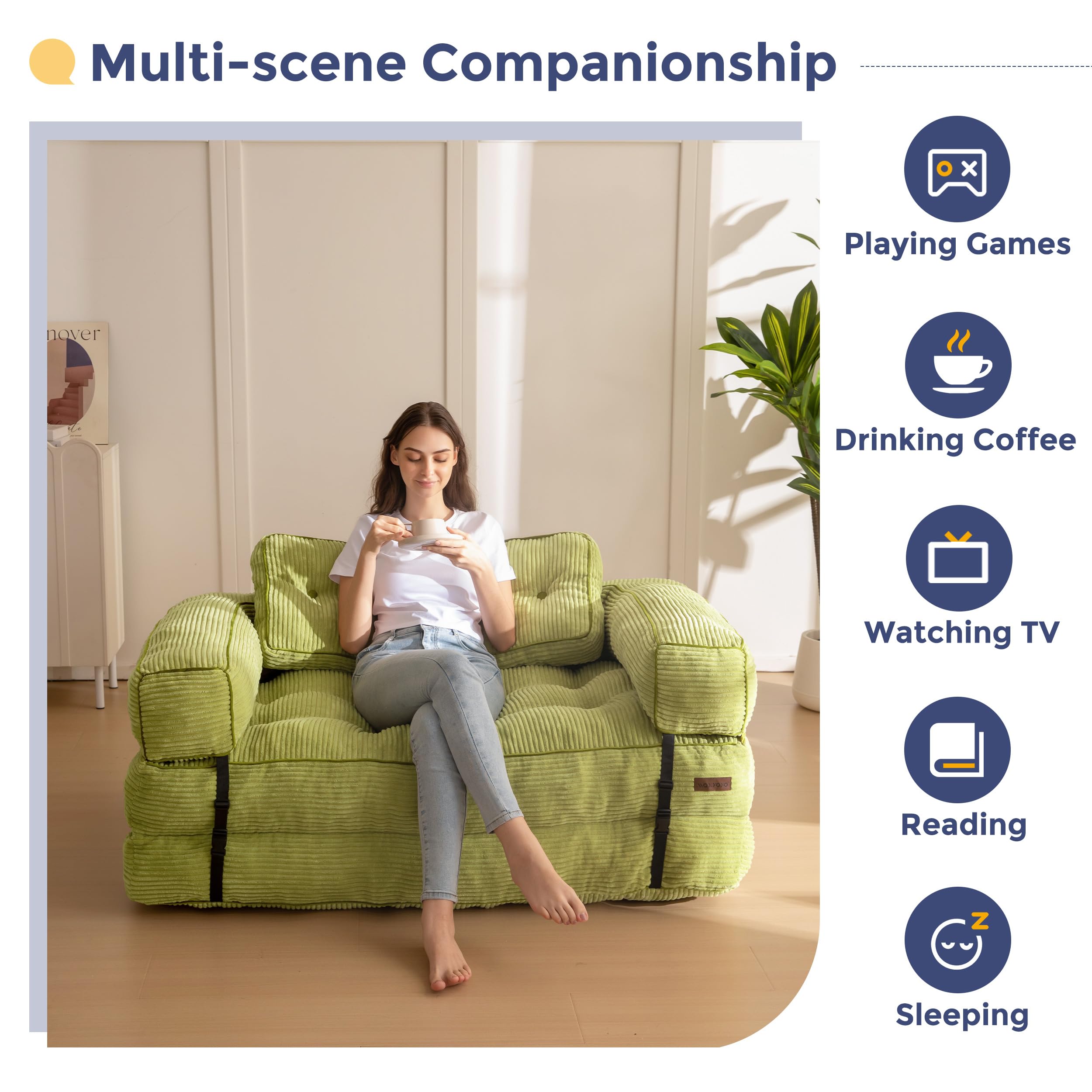 MAXYOYO L-Shaped Folding Sofa Bed - Convertible Sleeper Couch with Armrest & Pillow, Portable Foldable Floor Lounge Chair for Living Room & Bedroom - Double Size in Green | Perfect for Small Spaces, Guest Rooms & Studio Apartments