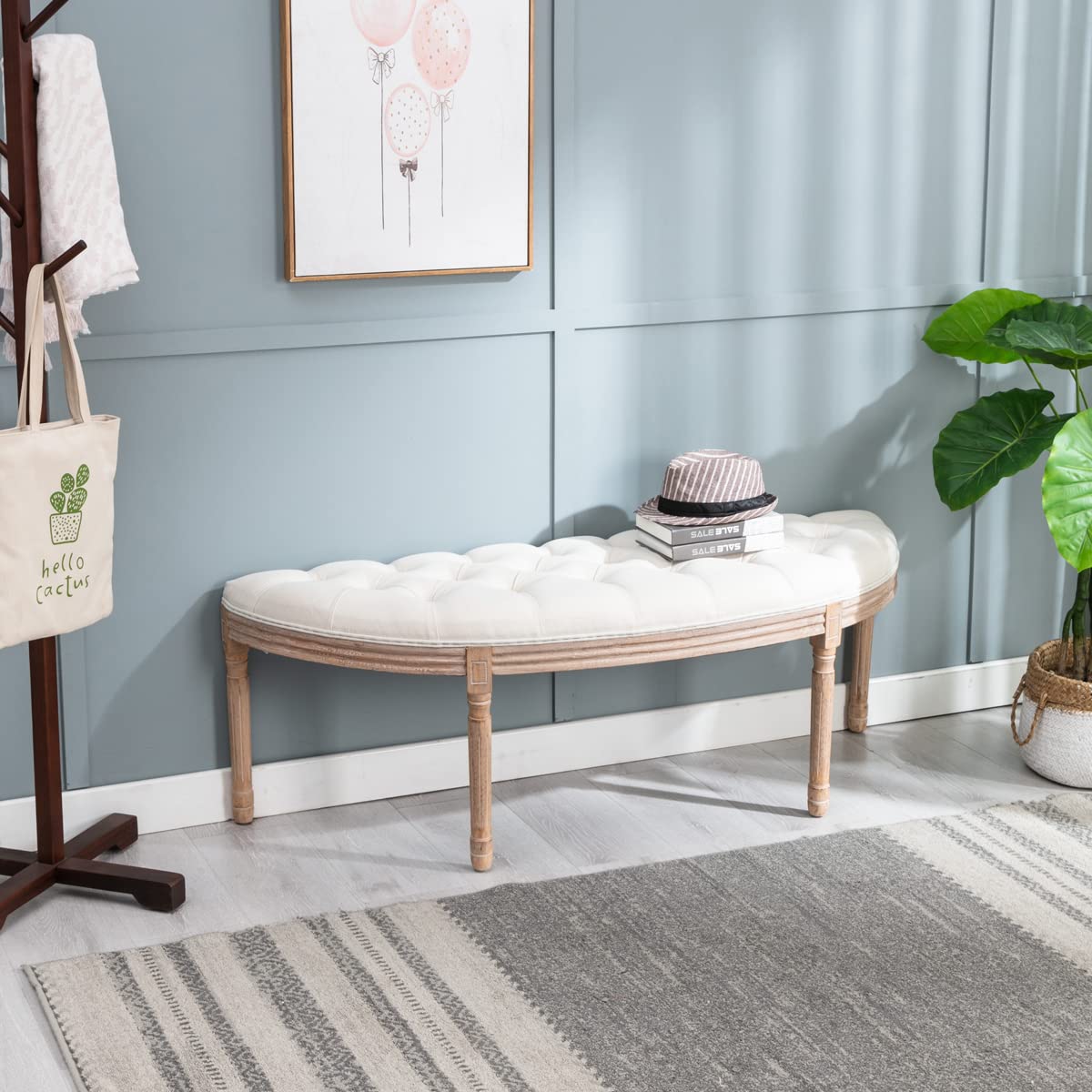 FORSTEEL Half Moon French Vintage Bench with Padded Seat & Rubberwood Legs - Moon Beige | Stylish Home Decor for Living Room, Bedroom & Entryway