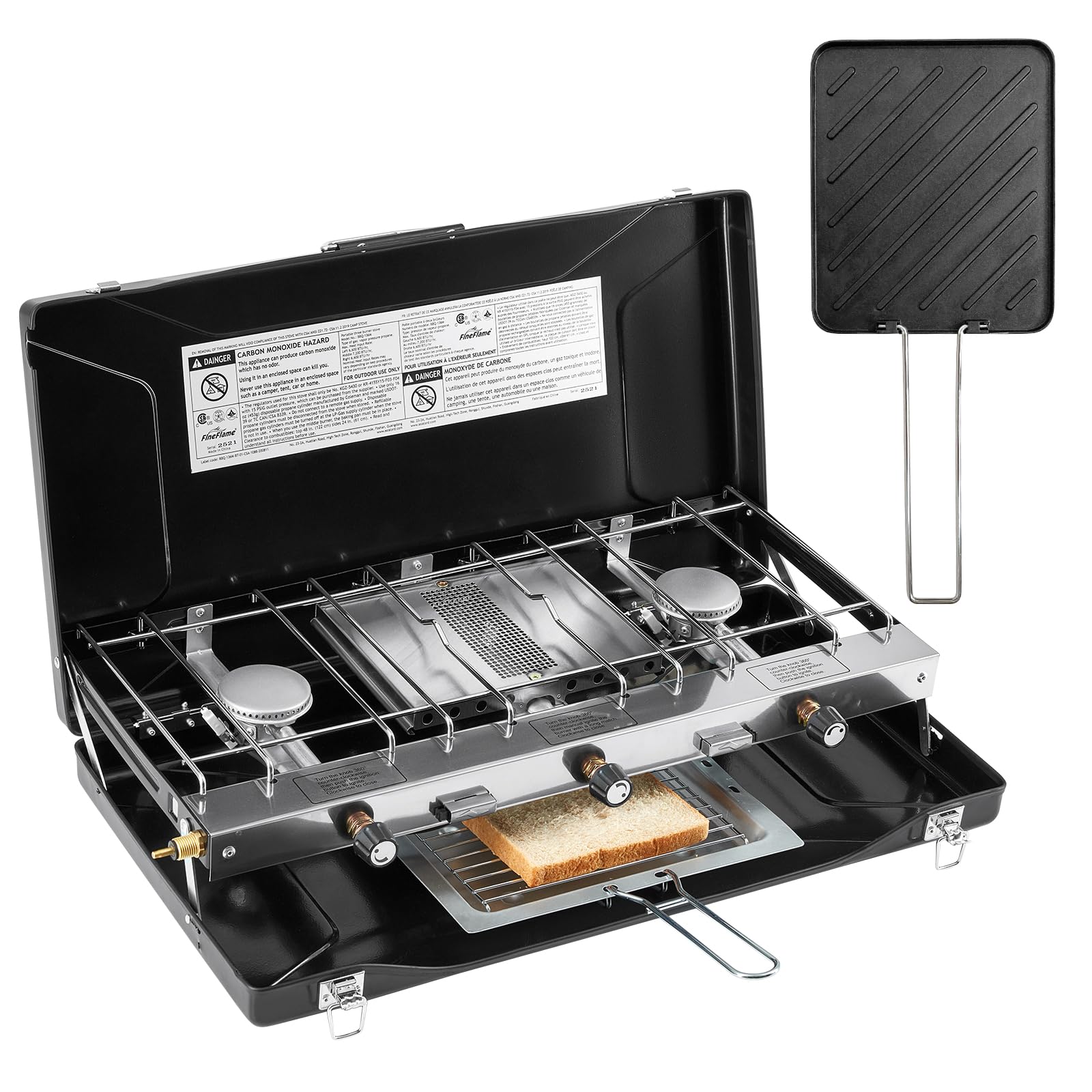 **3 Burner Camping Stove 20400 BTU - Portable Propane Stove with Regulator, Toast Tray & Windshield - Perfect for Car Camping, BBQ, Picnics & Outdoor Cooking**    *(Use Cases: Ideal for camping trips, tailgating, backyard cookouts, beach picnics, RV adventures, and emergency preparedness.)*