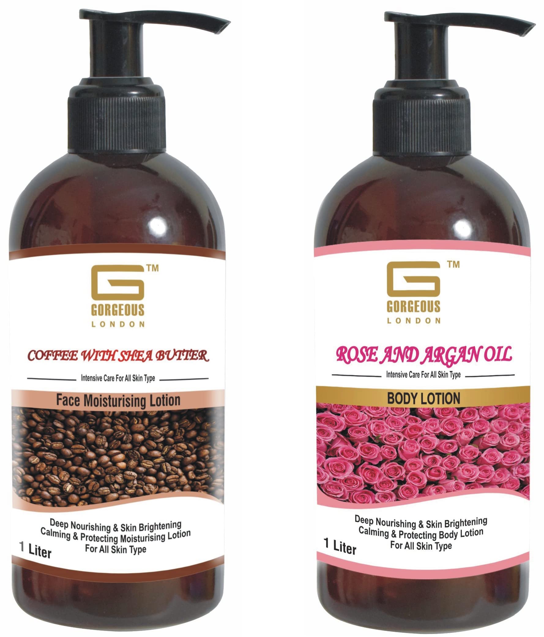 London Coffee Shea Butter Face Moisturizer & Rose Argan Oil Body Lotion Set (2-Pack, 1L Each) - Hydrating Skincare Combo for Dry Skin, Perfect for Daily Face & Body Care Routine