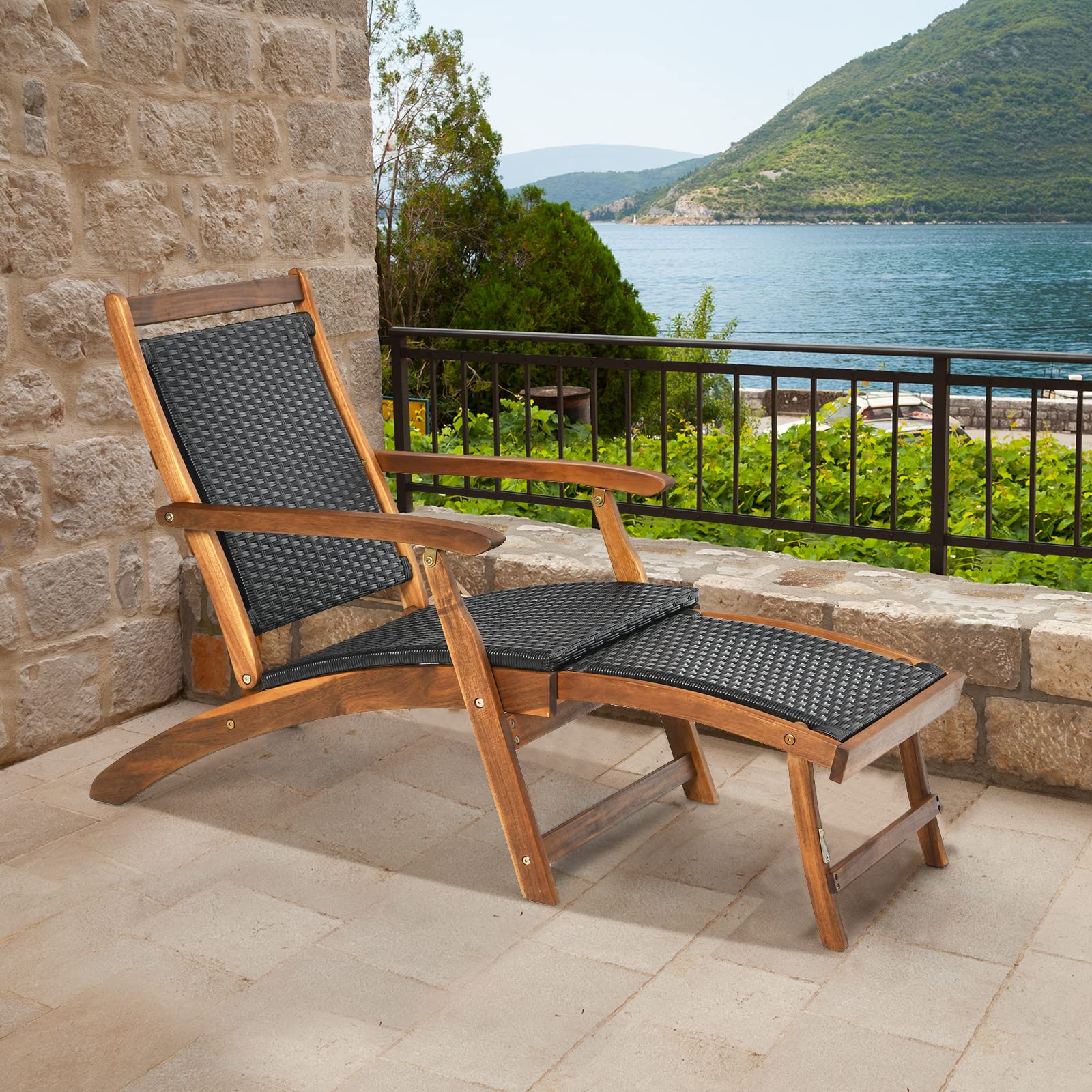 **HAPPYGRILL Outdoor Chaise Lounge Chair with Adjustable Footrest - Acacia Wood & Rattan Wicker Folding Pool Chair - Portable Patio Lounger for Garden, Porch, Beach & Backyard Relaxation**