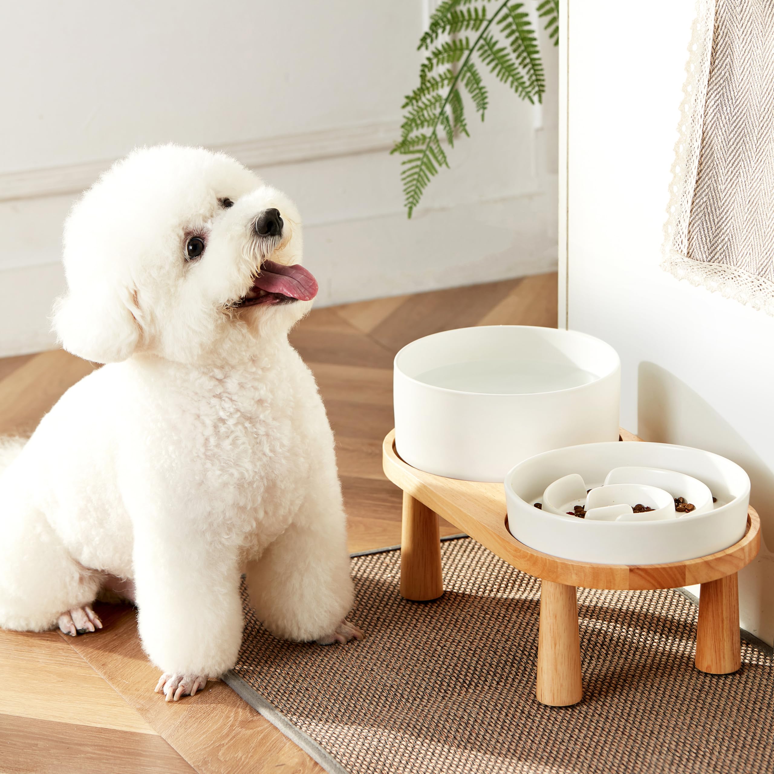 Ceramic Slow Feeder & Elevated Water Bowl Set for Medium & Large Dogs - 30oz Anti-Choke Food Bowl & 70oz Water Dish with Wooden Stand - Perfect for Mealtime & Hydration - Ideal for Fast Eaters & Home Use