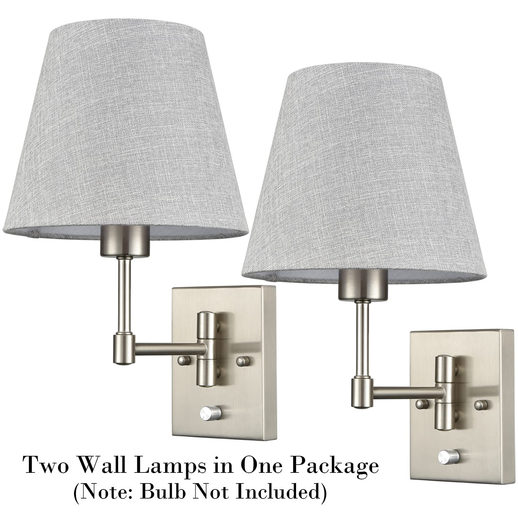 Plug-in Swing Arm Wall Sconce Set of 2 - Brushed Nickel Wall Lamp with Grey Fabric Shade & On/Off Switch for Bedroom, Living Room, Hallway - Perfect for Reading Nook, Nightstand Lighting & Home Decor
