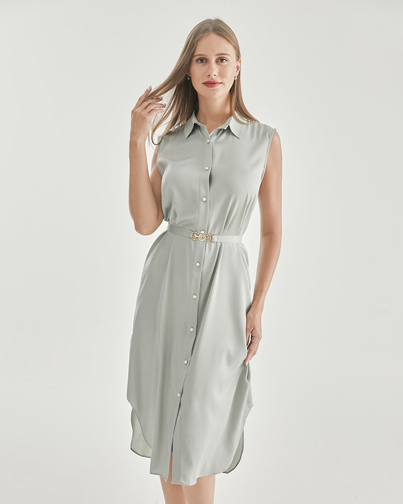 Elegant Sleeveless Silk Belted Shirt Dress for Women - Perfect for Office Wear, Summer Outfits & Special Occasions