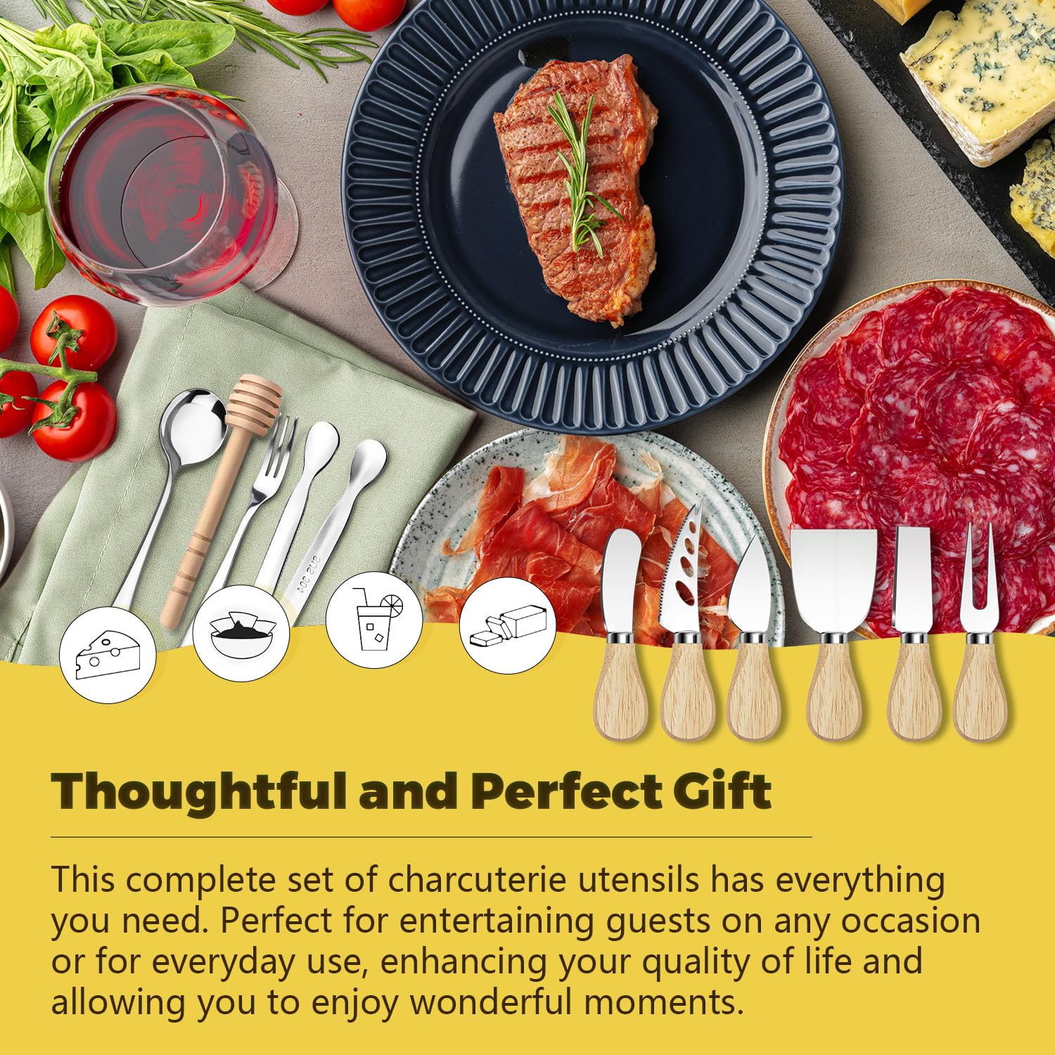 Premium Charcuterie Board Set with Cheese Knives, Serving Tongs, Forks, Spoons & Dipping Bowls - Complete Charcuterie Accessories Kit for Cheese Platters, Party Trays & Entertaining - Perfect for Wine Nights, Bridal Showers & Holiday Gatherings