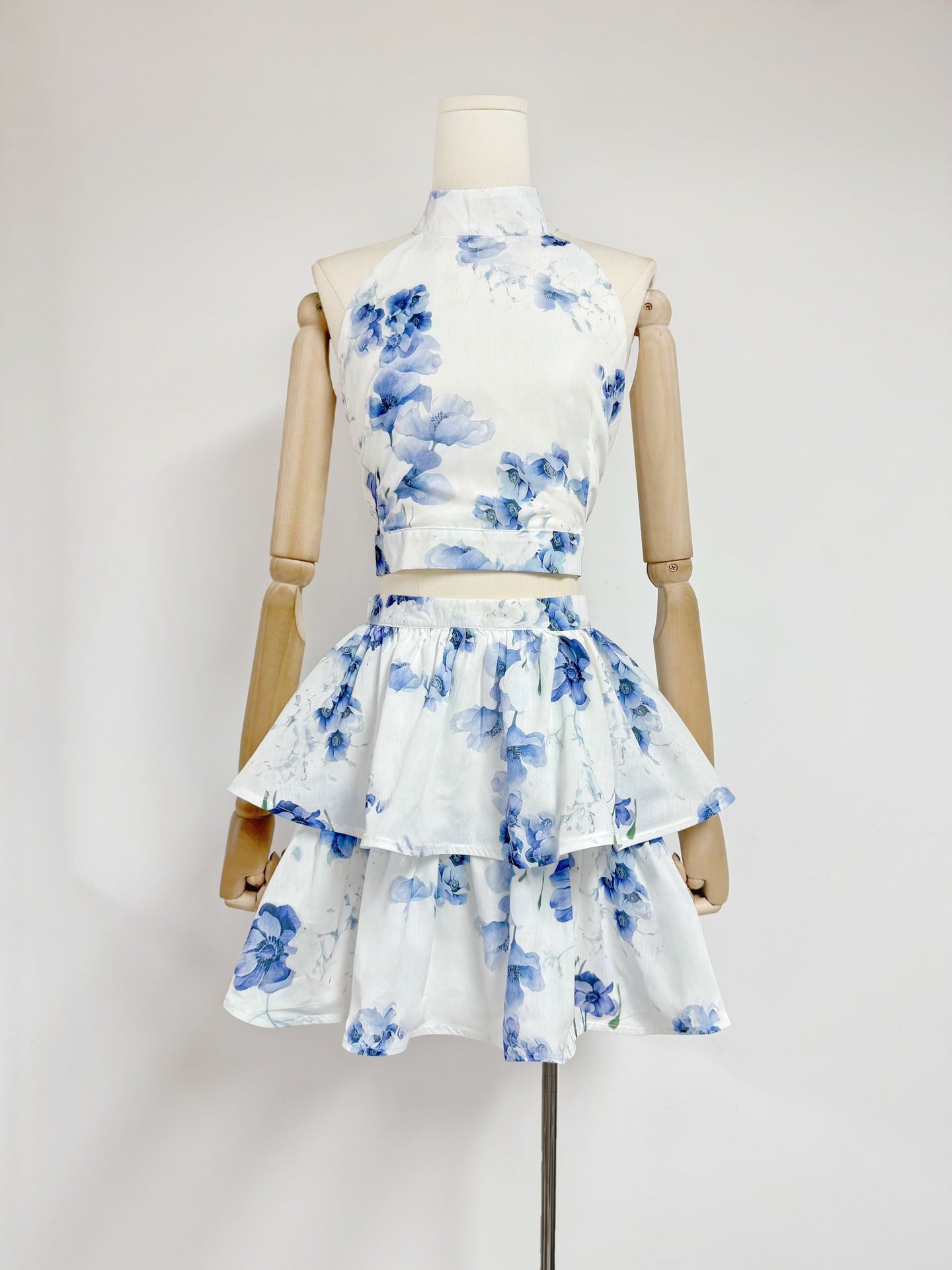 Jessica Printed Backless Halter Top & Skirt Set - Blue Floral Summer Outfit for Beach Vacation, Pool Party & Date Night