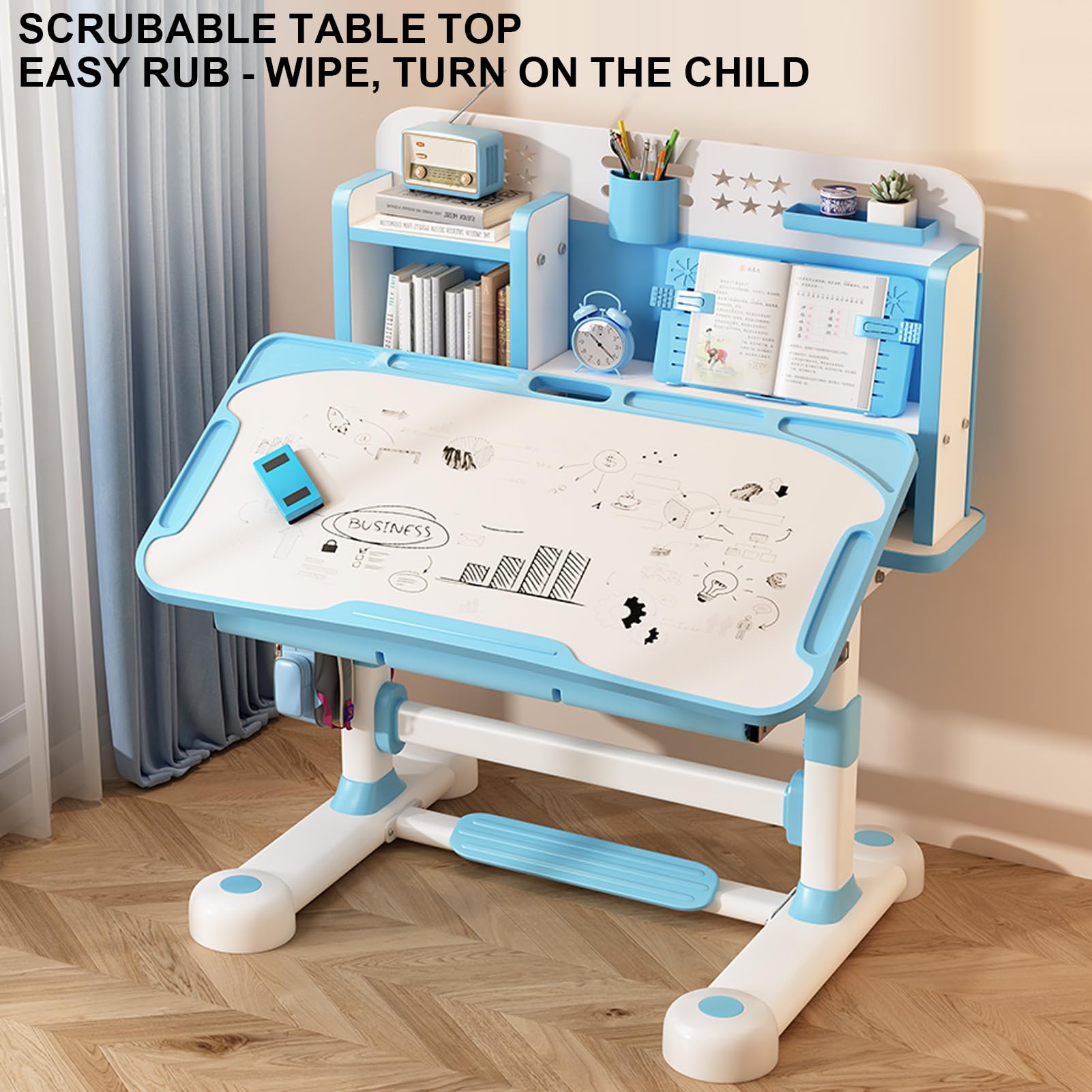 2024 Upgraded Kids Desk and Chair Set - Adjustable Children's Study Table with Flip Drawer, Tiltable Desktop, Schoolbag Hooks & Book Stand - Perfect for Homework, Drawing & Learning (Blue)