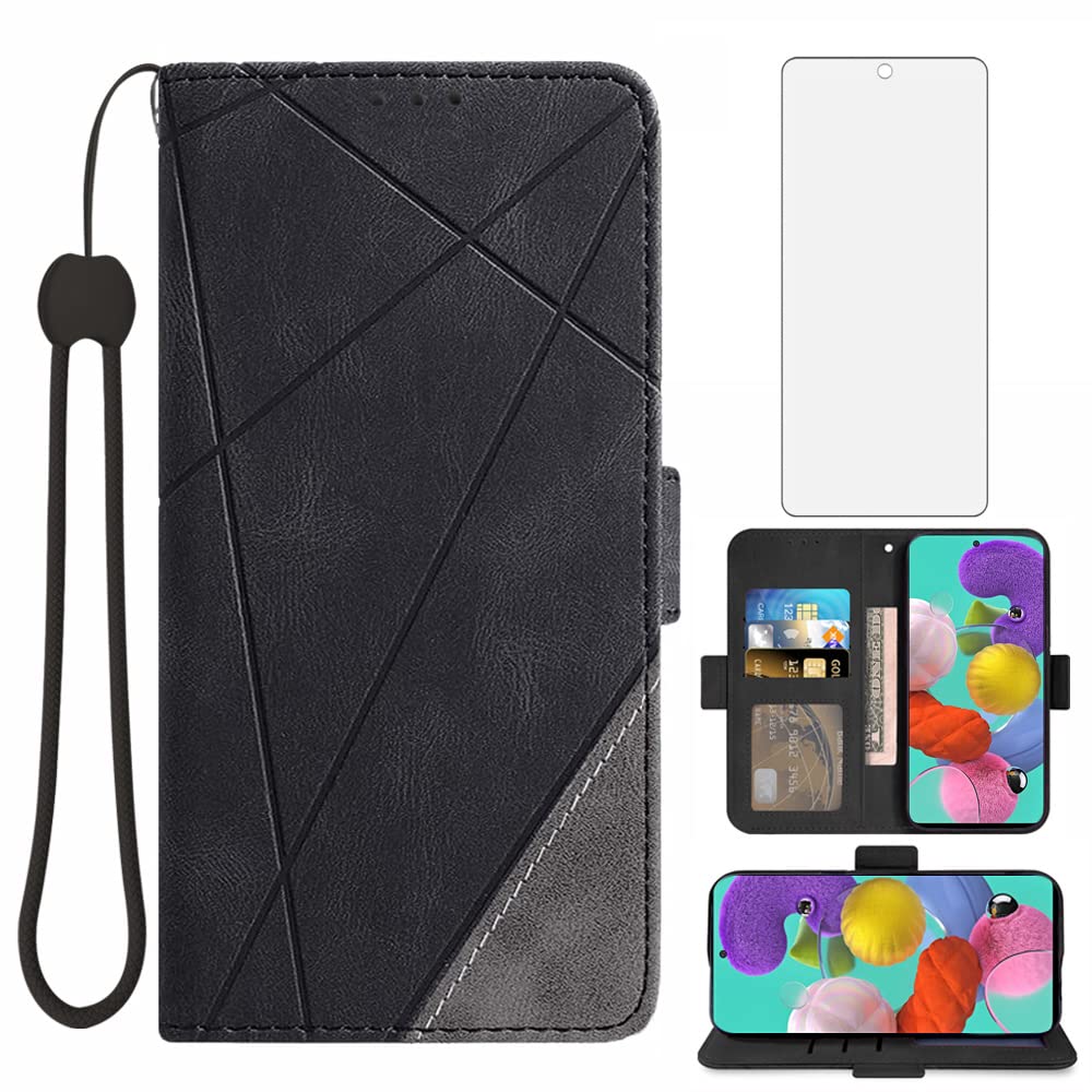Asuwish Samsung Galaxy A51 4G Wallet Case with Tempered Glass Screen Protector - Leather Flip Cover Card Holder Phone Case for Galaxy A51/A515F/M40S (Black) - Perfect for Daily Use, Travel & Business Meetings