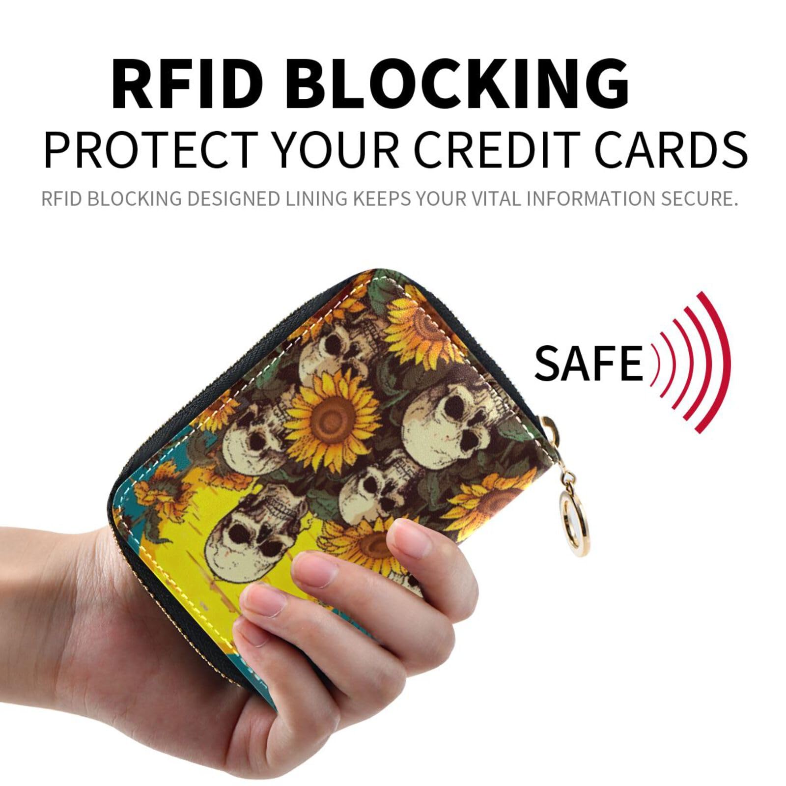 Floral Skull Leather Credit Card Holder - Sunflower Zipper Wallet ID Card Case for Women & Men - Perfect for Travel, Business, and Everyday Use (Style 20849082)