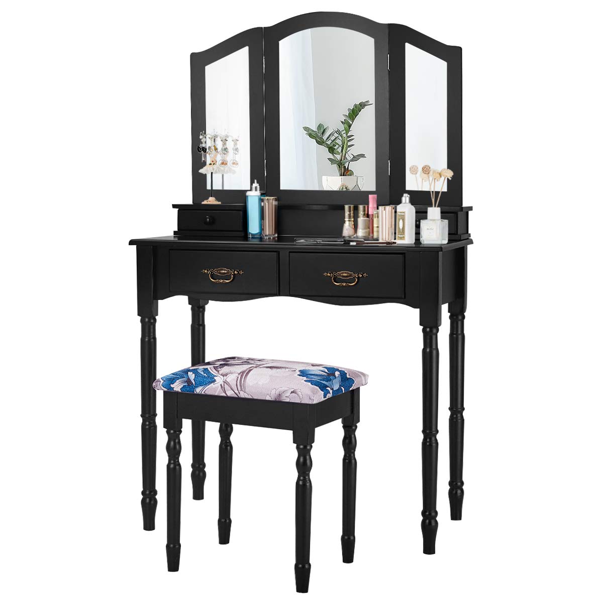 Giantex Modern Vanity Set with Tri-Folding Mirror, 4 Drawers & Storage Shelf - Makeup Dressing Table with Cushioned Stool for Women & Girls, Black (Perfect for Bedroom, Bathroom & Dressing Room Organization)