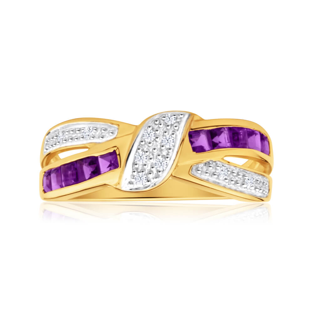 9ct Yellow Gold Amethyst and 10 Diamond Cross Over Ring for Women - Elegant Stackable Jewelry Gift for Valentine's Day, Anniversary & Special Occasions