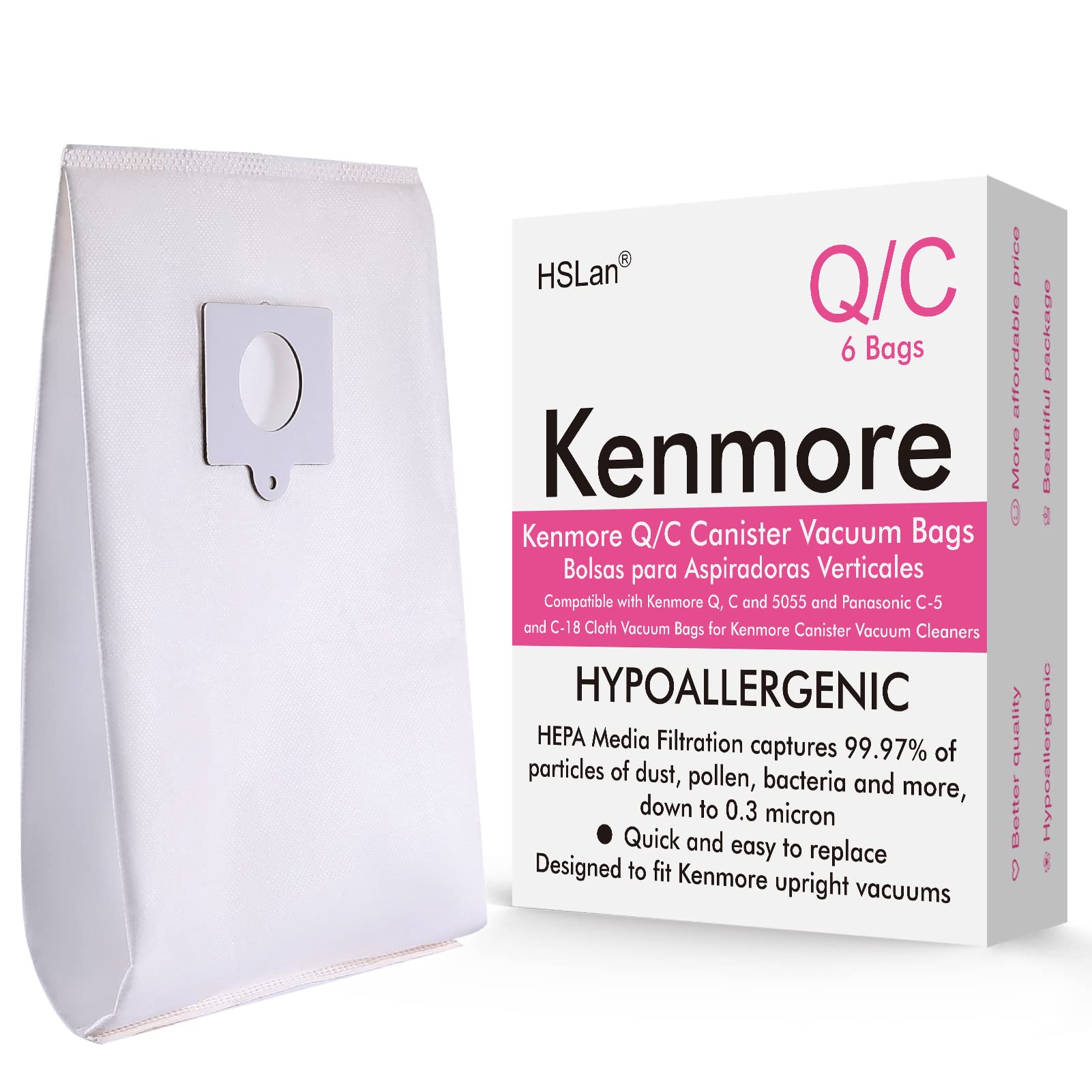 Kenmore Canister Vacuum Bags Type Q/C - Hypoallergenic Replacement Bags for Kenmore 20-53292, 5055, 50557, 50558 Models (6-Pack) - Perfect for Allergy Sufferers & Deep Cleaning Hard Floors & Carpets