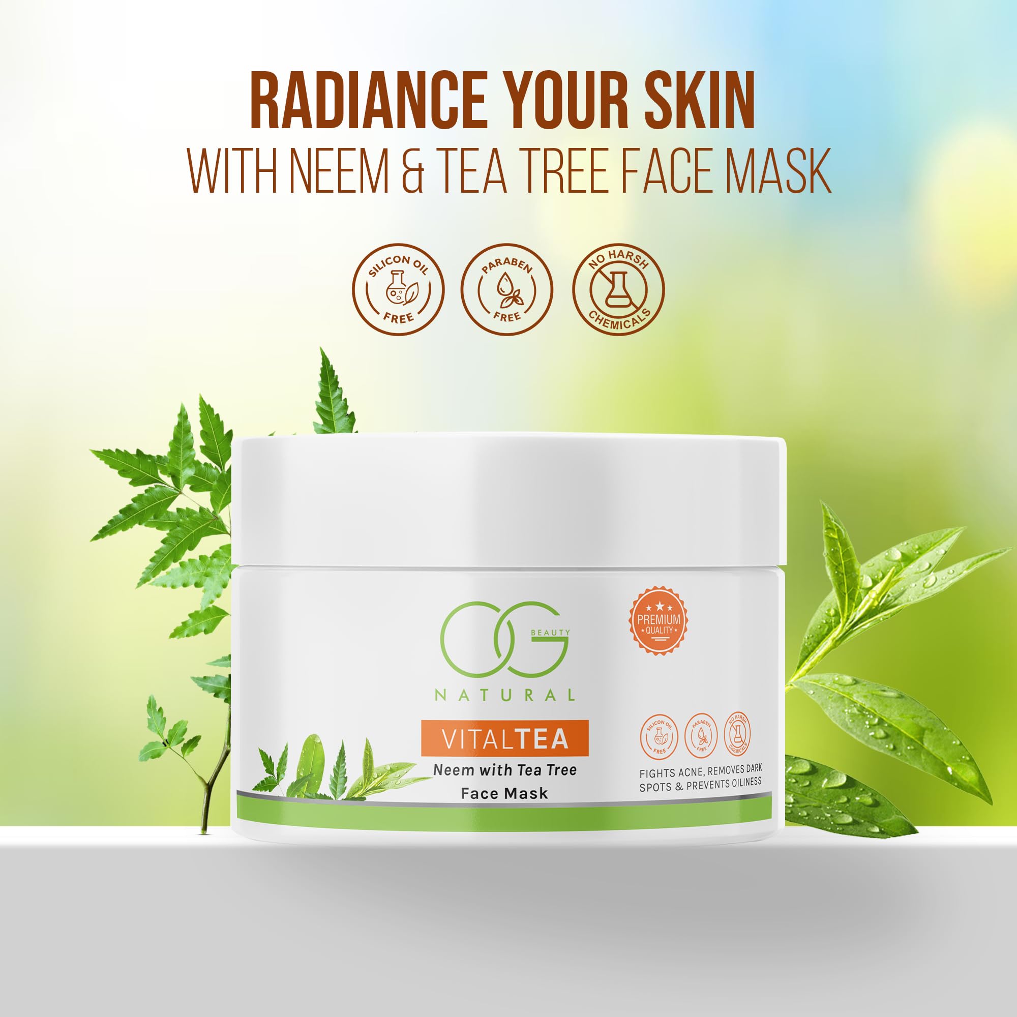 OG BEAUTY Natural VitalTea Neem & Tea Tree Face Mask - Acne Treatment for Oily Skin, Reduces Dark Spots & Blemishes | Antioxidant-Rich, Silicon Oil Free & Paraben Free | 125g | Perfect for Daily Skincare Routine & Spa Nights