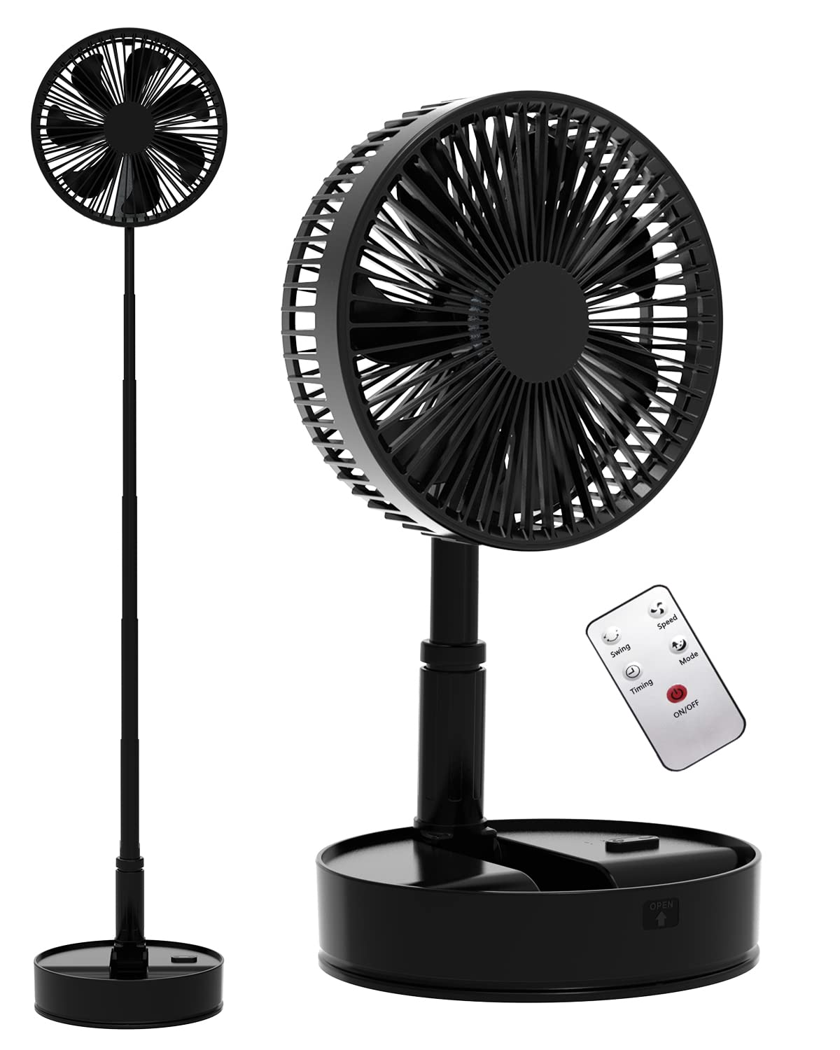 UN UNITEDTIME Foldable Fan with Remote Control - 7200mAh Rechargeable Battery, 4 Speed Settings & Timer - Portable Pedestal Fan for Camping, Travel, Outdoor, Home Use - Perfect for Bedroom, Office, and Patio (Black)