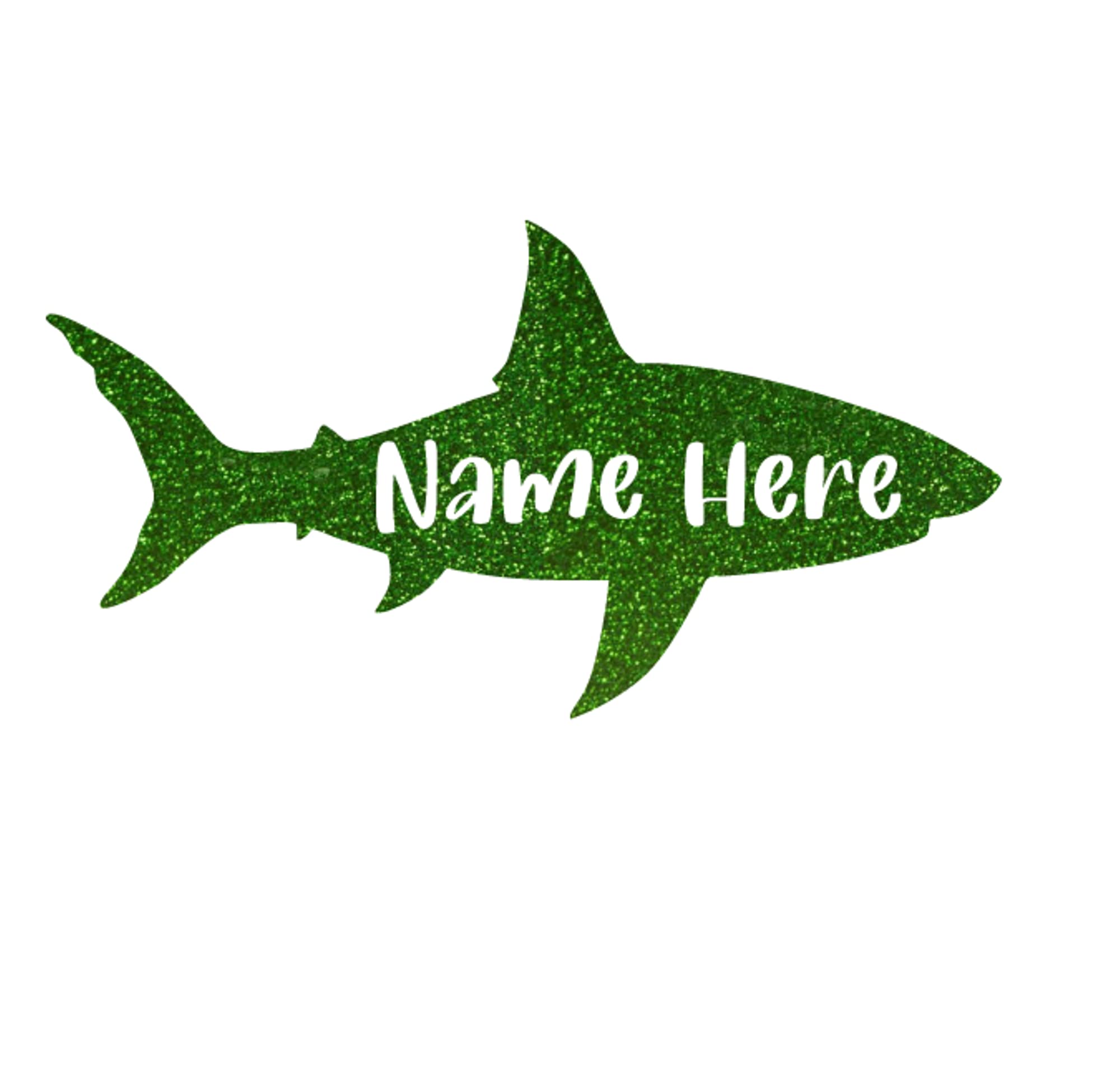 Custom Shark Silhouette Personalized Name Iron-On Transfer - Great White Decal, Ocean Fish Vinyl Patch for Clothing & DIY Crafts - Heat Transfer HTV for T-Shirts, Hats, Bags - Grass Green Glitter Design - Perfect for Beach Parties, Marine Themed Events & Gifts