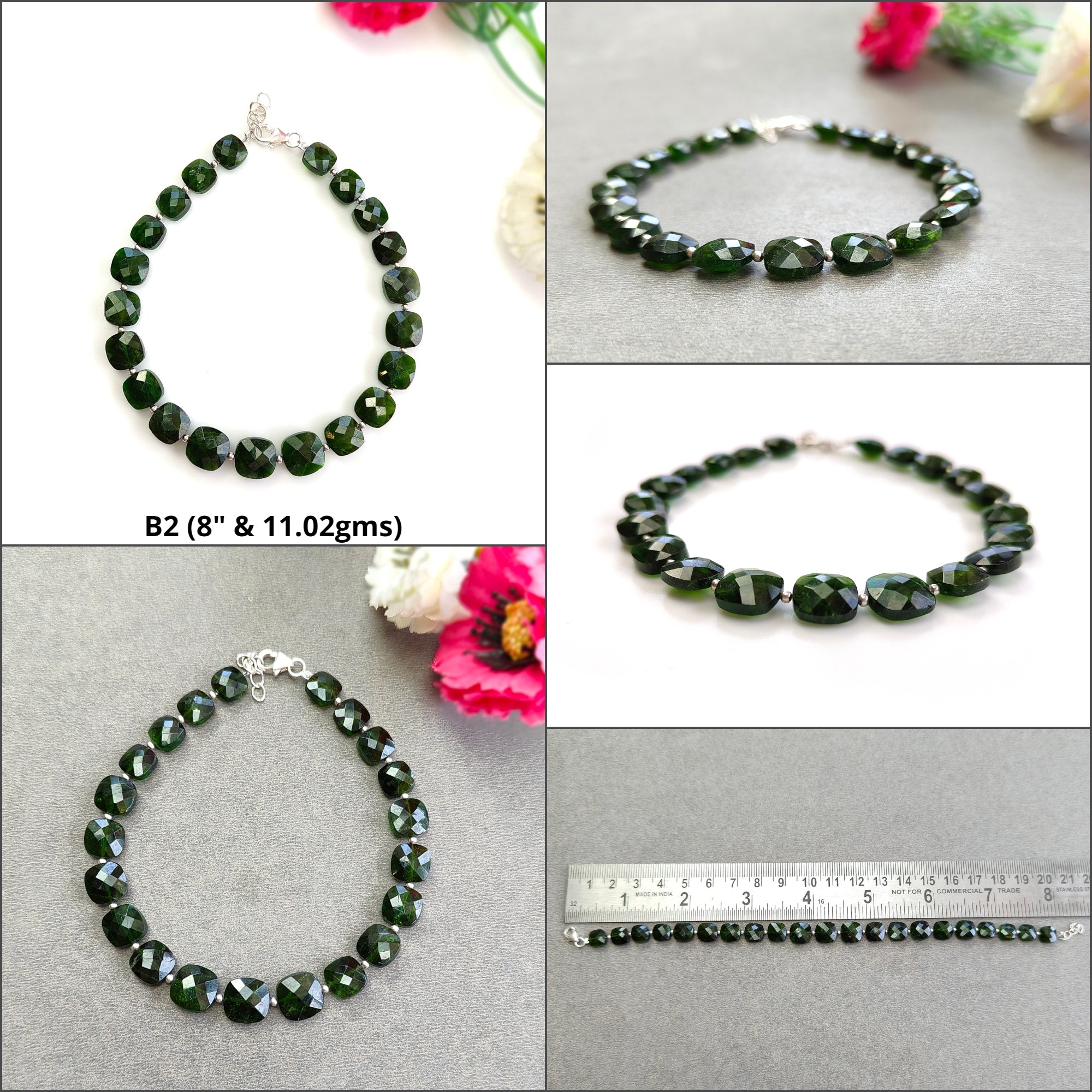 Chrome Diopside Gemstone Bracelet - 925 Sterling Silver Beaded Bracelet with Checker Cut Green Stones | Perfect for Yoga, Meditation & Spiritual Healing Jewelry