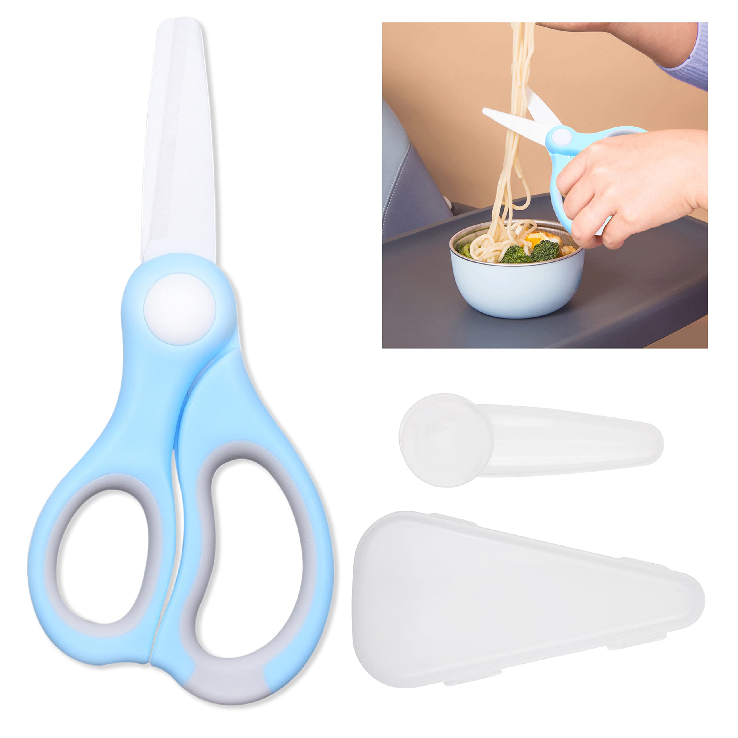 Kare & Kind Ceramic Baby Food Scissors - Safe & Easy Cutting Tool for Infants - Includes Dust Cover & Storage Case - Perfect for Noodles, Meat, Chicken, Vegetables & Fruits - Ideal for Home, Travel & Daycare Use (Blue, 1 Pack)