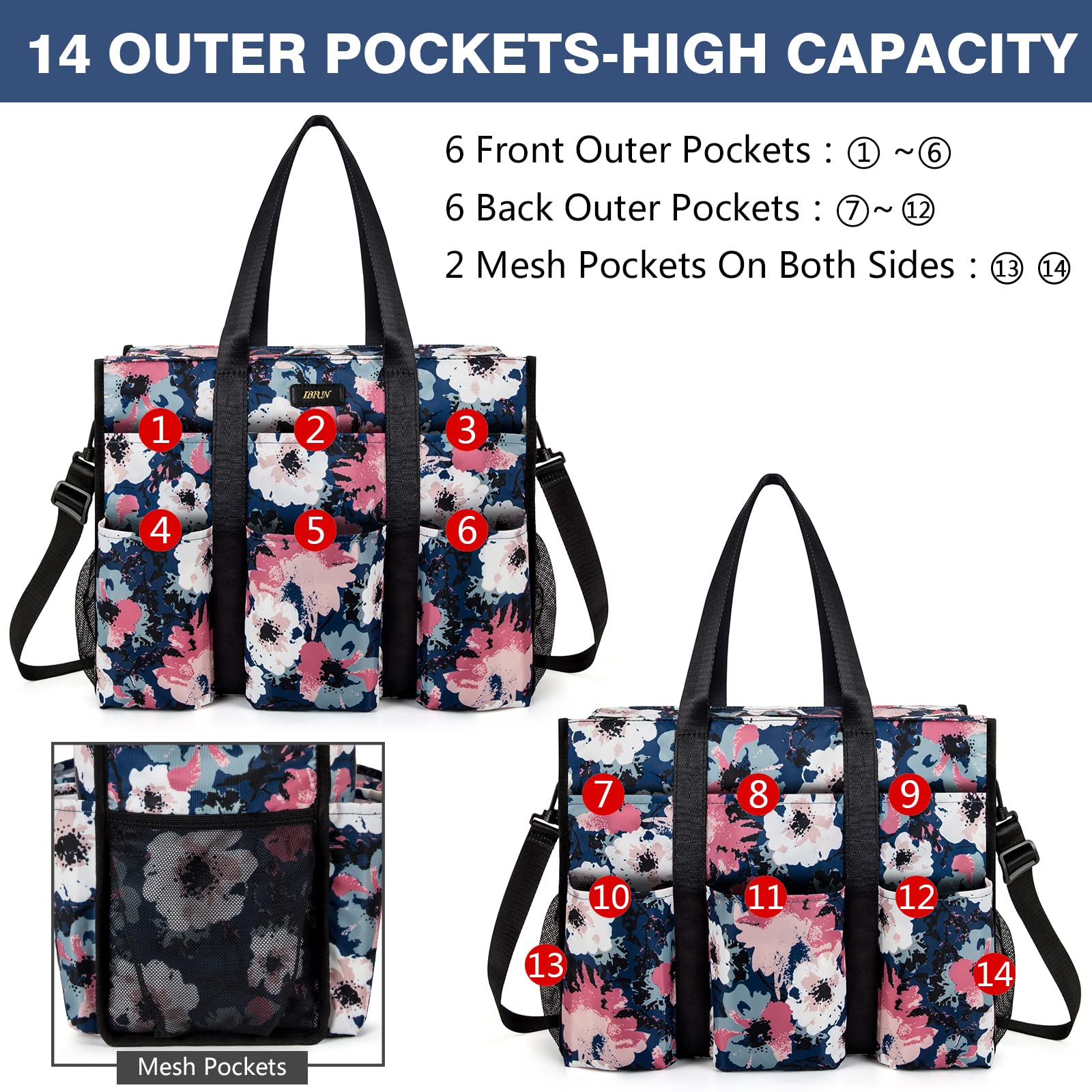 IBFUN 14/24 Pocket Zip Top Utility Tote Bag for Teachers & Working Women - Office & School Essentials