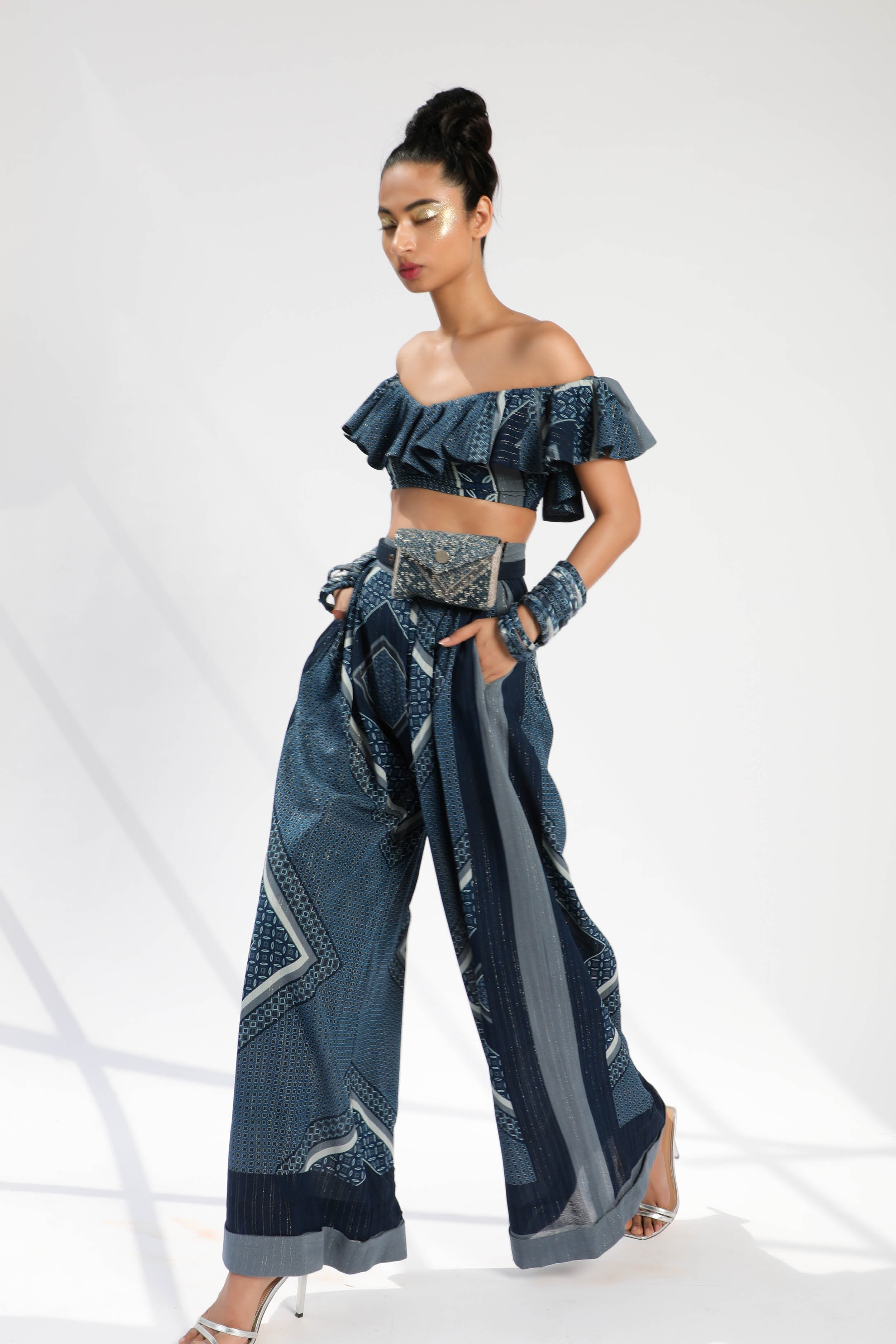 Indigo Blue Tile Print Ruffle Crop Blouse - Stylish Women's Fashion Top for Casual Wear, Date Night & Summer Outfits
