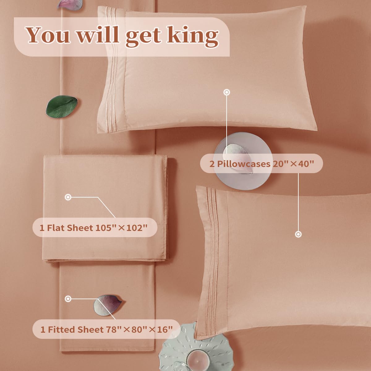 Shilucheng King Size Bed Sheets Set - 1800 Thread Count Microfiber Percale, Super Soft & Comfortable, 16 Inch Deep Pocket, 4 Piece (King, Coral) | Luxury Bedding for Master Bedroom, Guest Room & Hotel Use