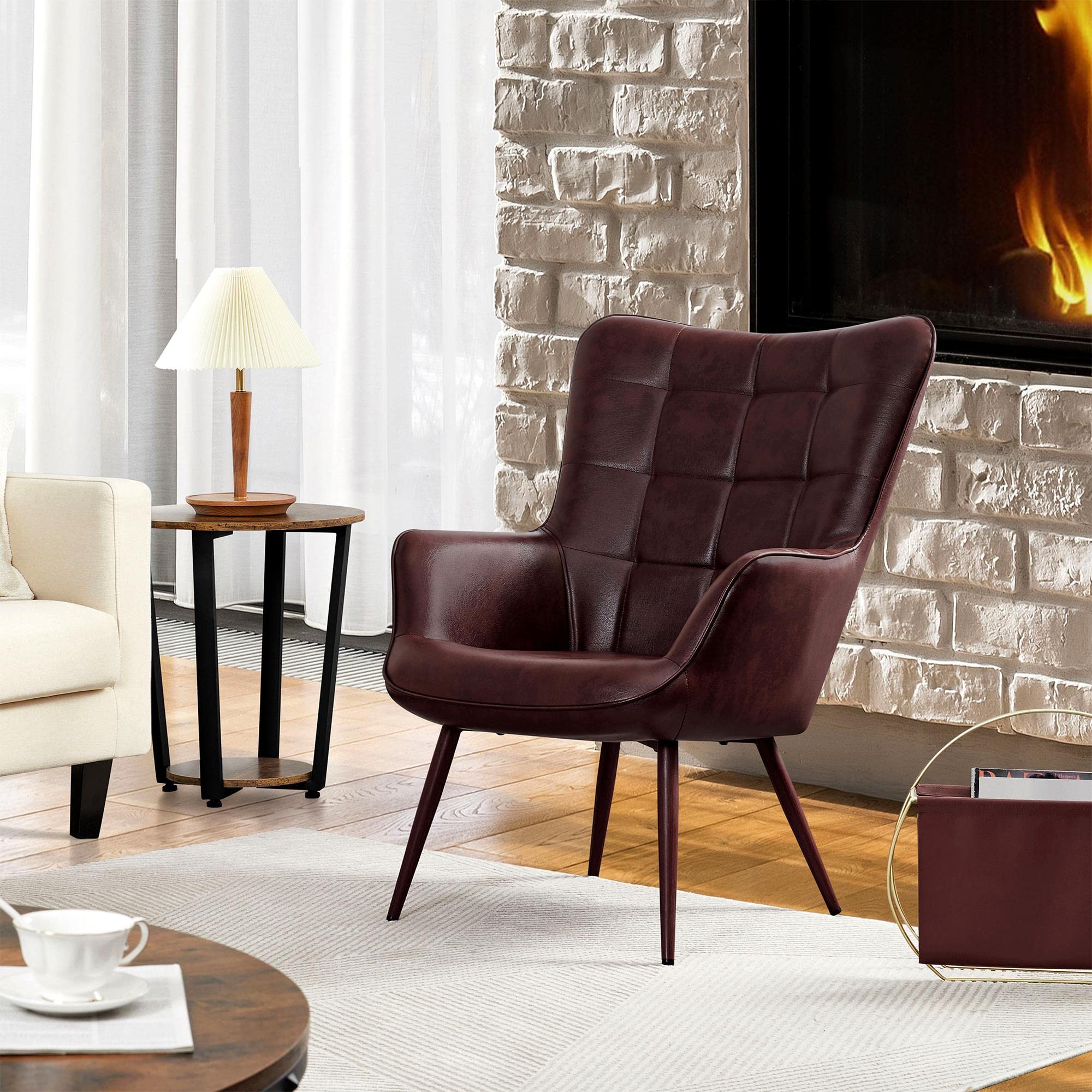 Yaheetech Mid-Century Modern PU Leather Armchair - Tufted High Back Accent Chair with Tapered Legs for Living Room, Home Office & Bedroom - Chestnut Brown (Set of 2) | Perfect for Reading Nooks, Cozy Corners & Contemporary Home Decor