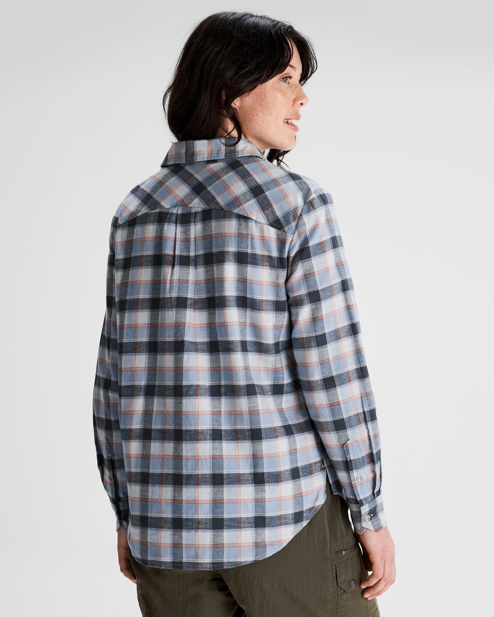 Women's Fyfe Flannel Shirt - Soft Haze Blue Plaid Long Sleeve Button Down Top for Casual Wear & Outdoor Activities