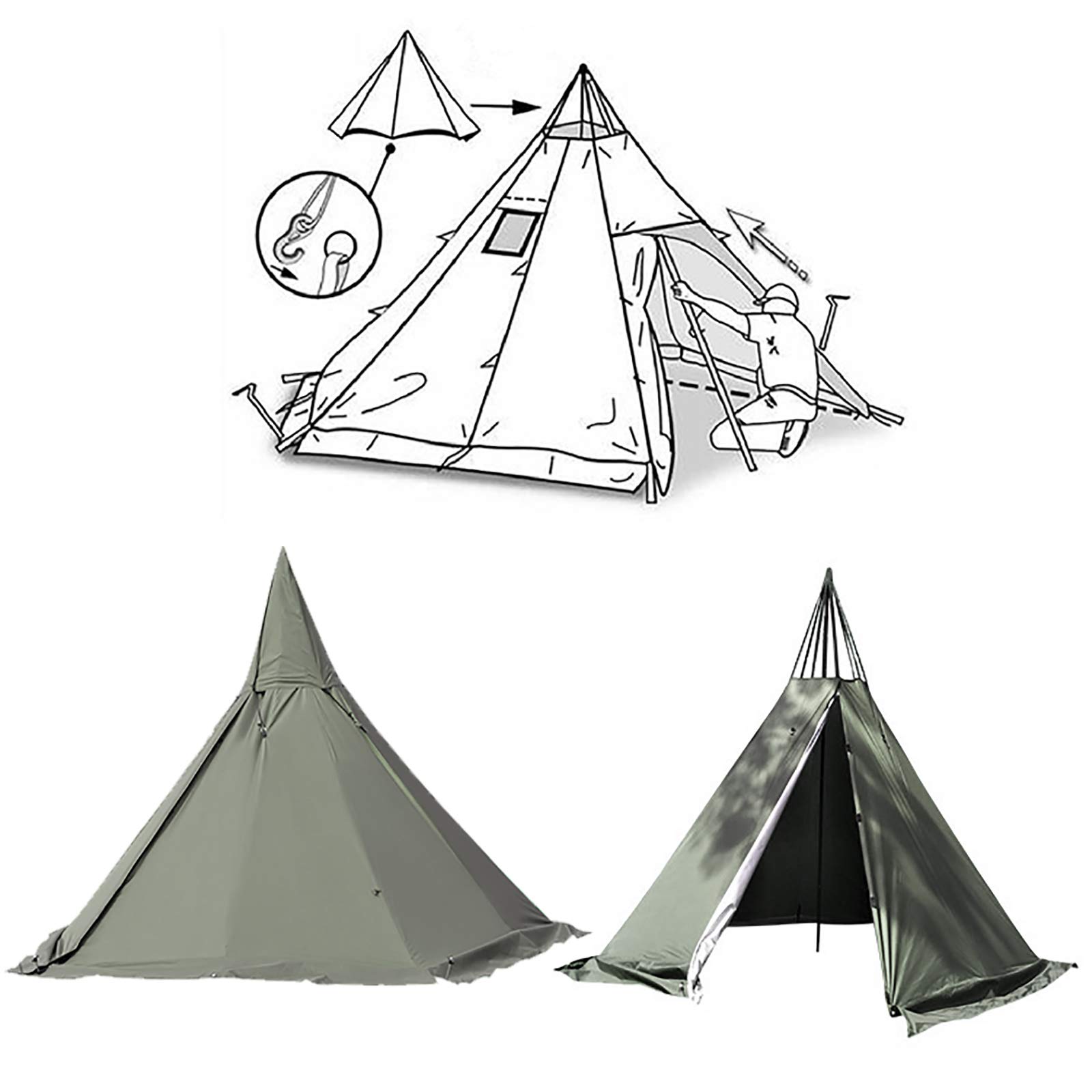 **2-Person Lightweight Breathable Camping Teepee Tent - Waterproof Pyramid Canvas Tent for Outdoor Adventures, Hiking & Backpacking (Green)**    **Usage Scenarios:** Perfect for camping trips, hiking excursions, backpacking adventures, and outdoor family gatherings.