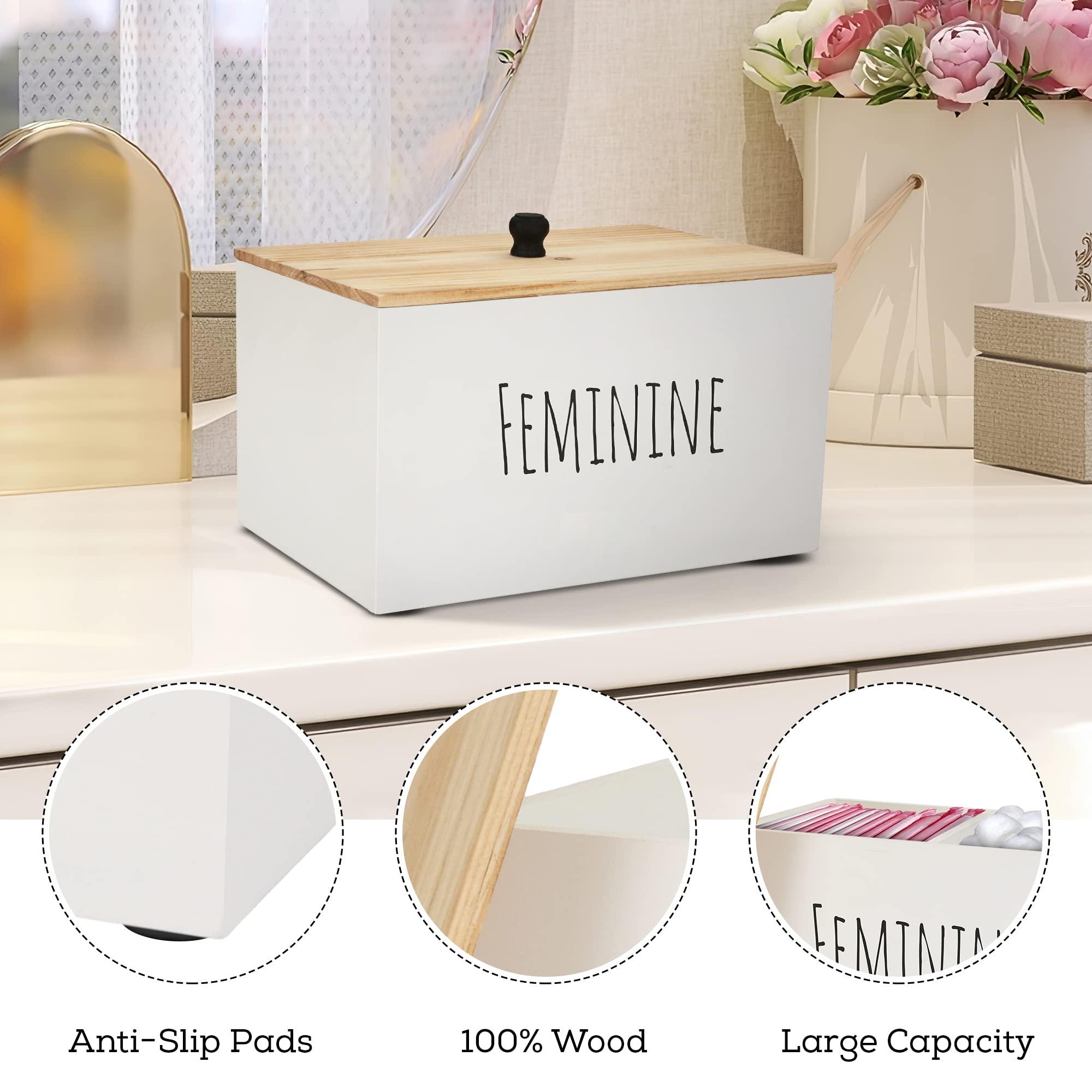 Organic Cotton Tampon Holder & Feminine Product Organizer - Rustic Farmhouse Wood Storage Box for Bathroom, Vanity or Bedroom - White Hygienic Pad Container with Lid - Perfect for Home Decor & Women's Essentials Organization