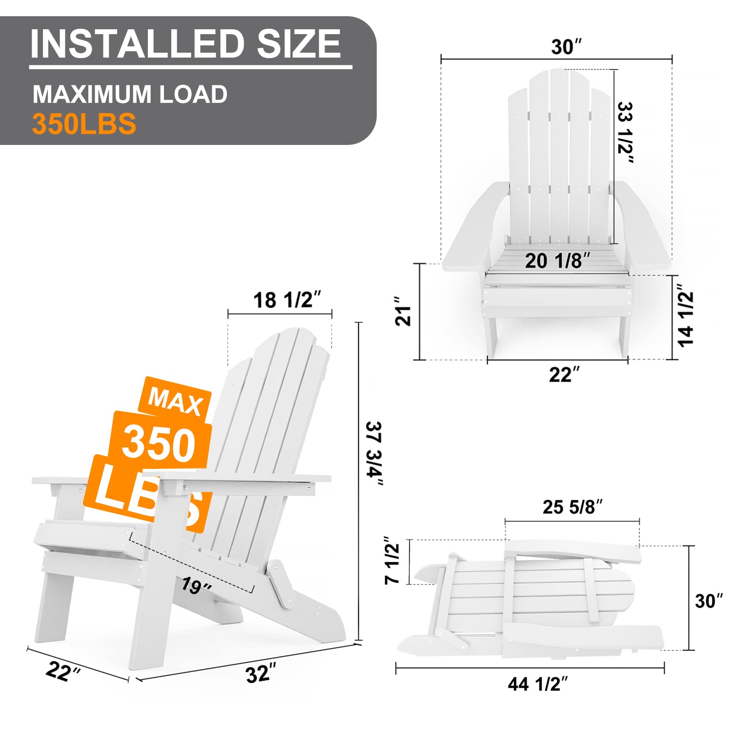 MXIMU Folding Adirondack Chair - White Plastic Outdoor Lounge Chair for Backyard, Deck, Garden, Camping & Fire Pit - Comfortable Lawn Seating for Relaxation & Outdoor Gatherings