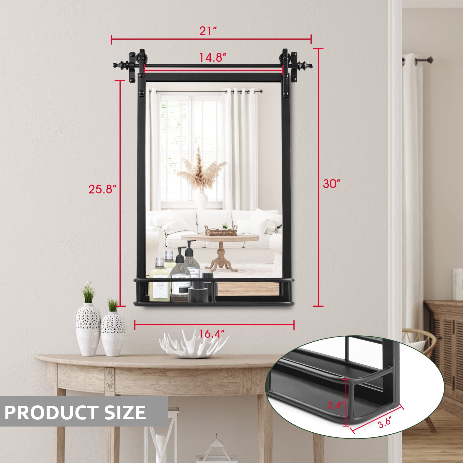 Farmhouse Iron Framed Wall Mirror with Shelf - 30
