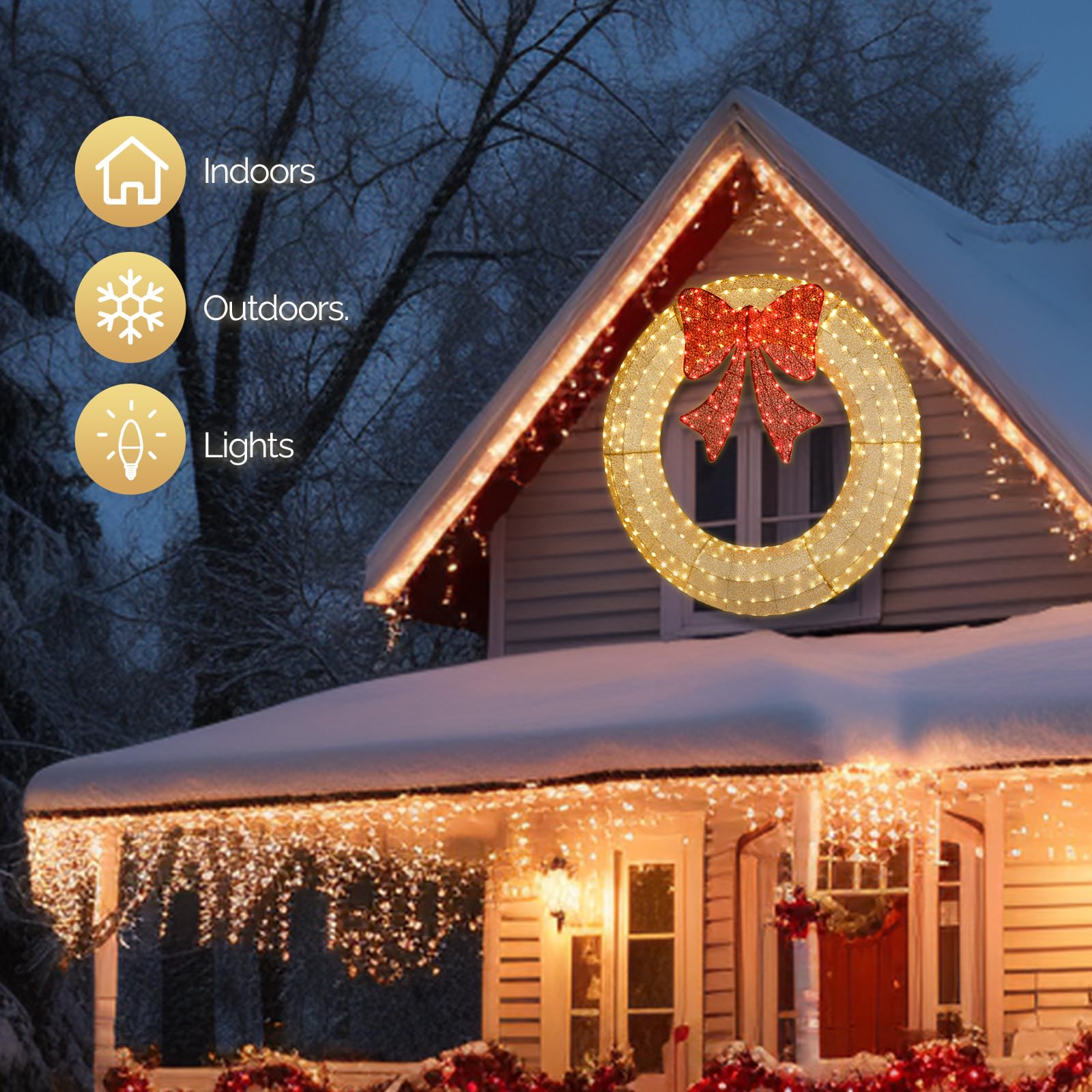 VINGLI 60 Inch Pre-lit Large Christmas Wreath with 400 LED Lights - Gold Holiday Decor with Red Bow, Timer & Remote Control - Outdoor Christmas Wreath for Garage Door, Porch & Holiday Decorations