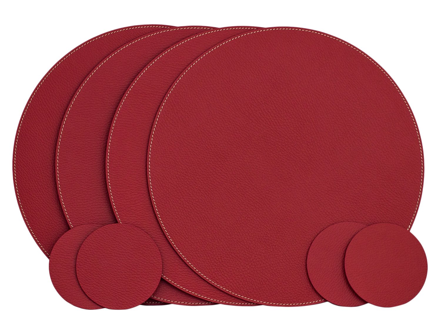 Nikalaz 4-Piece Round Red Placemat Set with 4 Coasters - 12.99 Inch Recycled Leather Table Mats for Dining Room, Kitchen, Restaurant & Home Decor