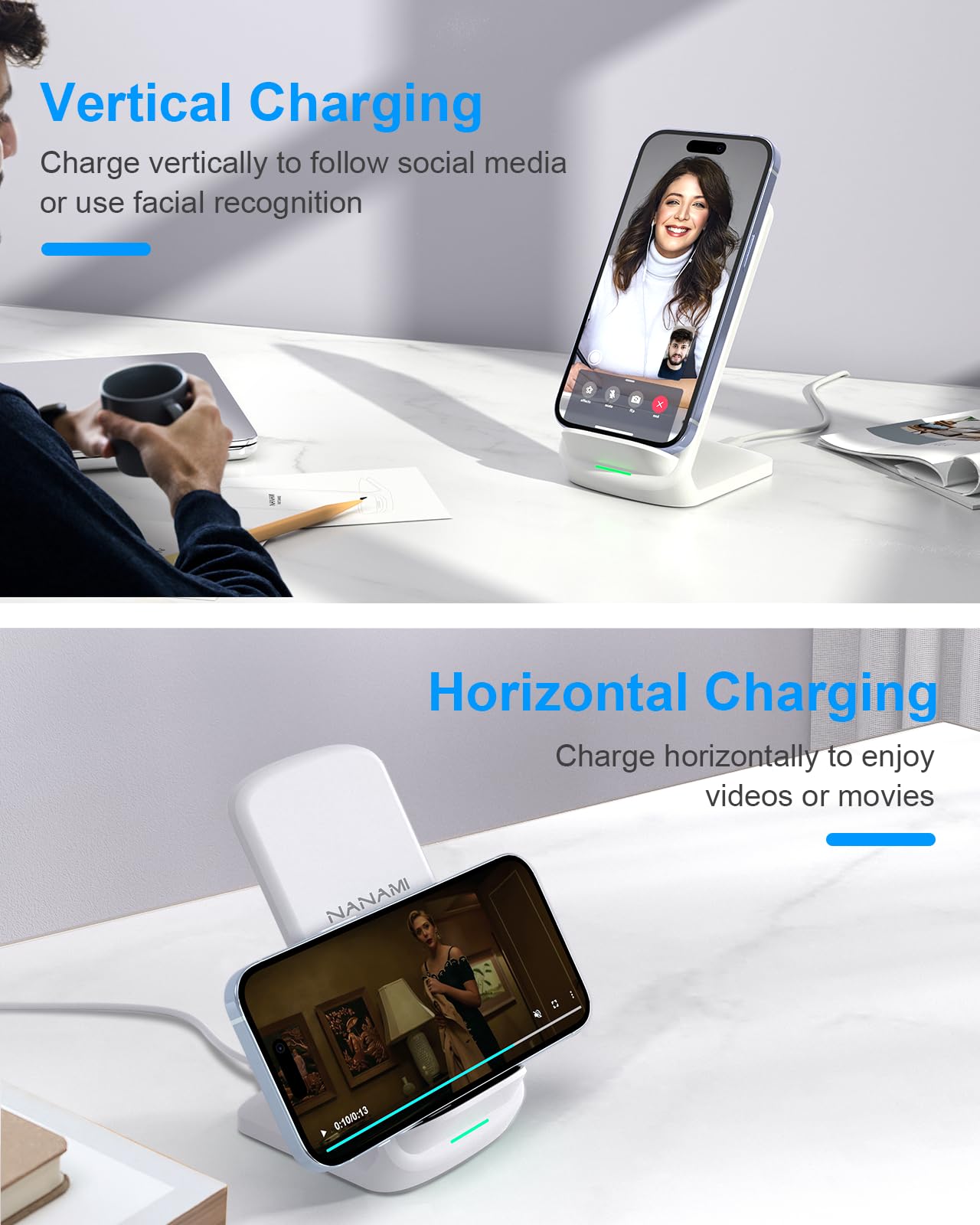 NANAMI Fast Wireless Charging Stand Pad Set - Qi Certified 15W Fast Wireless Charger for iPhone 15/14/13/12/11 Pro/XS Max, Samsung Galaxy S24/S23/S22/S21/S20/S10/S9/S8/Note 20, AirPods Pro - Perfect for Home, Office & Nightstand Charging