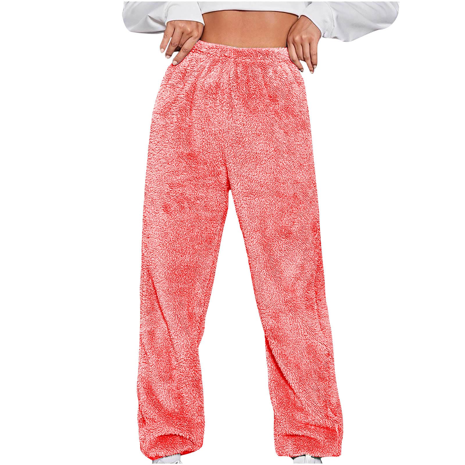 Cozy Women's Fleece Pajama Pants with Elastic Waistband - Soft Fuzzy Lounge Pants, Solid Color Cuffed Joggers with Pockets - Perfect for Winter, Home Relaxing & Casual Outings