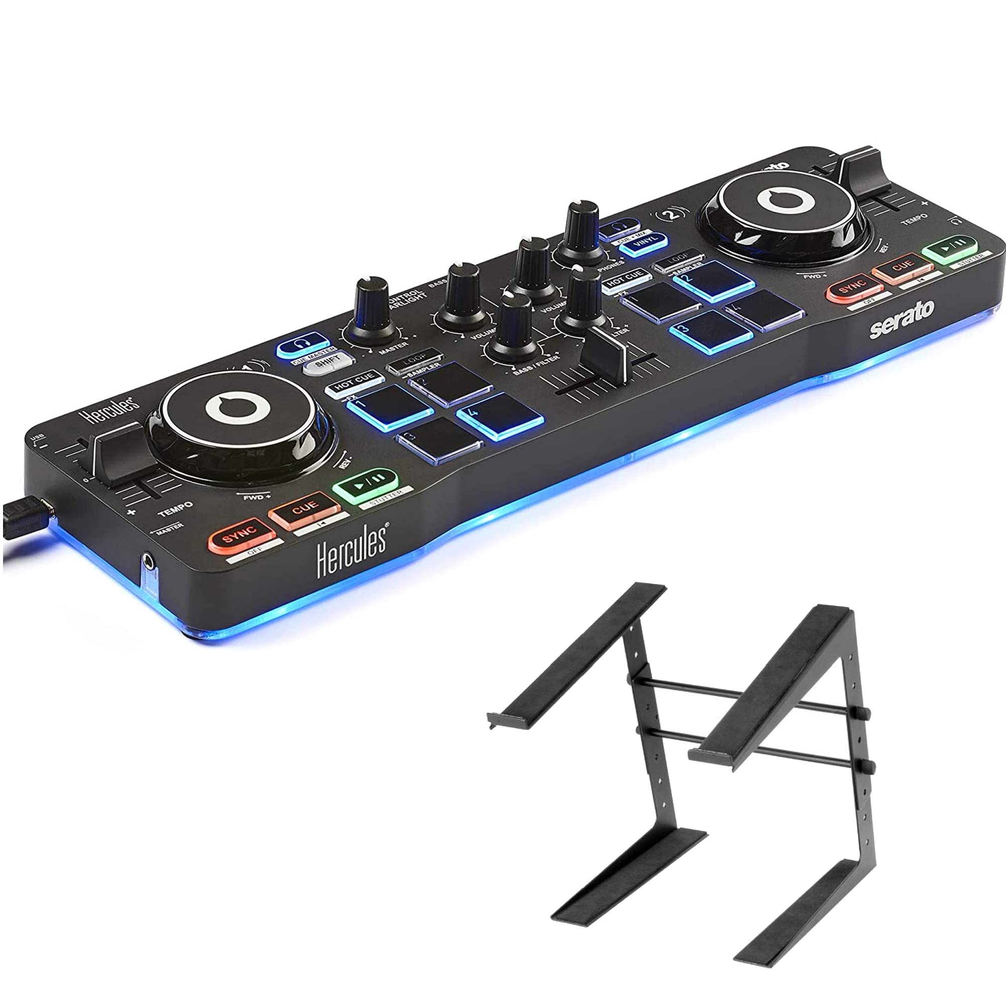 Hercules DJ Control Starlight - Portable USB DJ Controller with Serato DJ Lite Software | Includes Laptop Stand for DJ Workstations | Perfect for Home Studios, Clubs & Mobile DJ Gigs